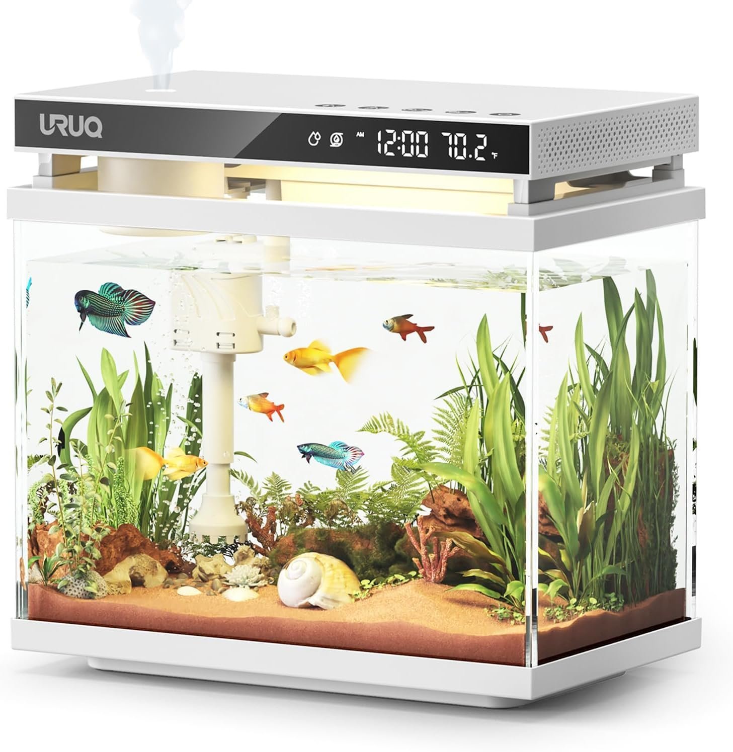 Fish Tank Smart Aquarium Kit: 2 Gal UHD Glass Silent Water Pump Self Cleaning System Temperature Monitoring Essential Oil Diffuser with Humidifier 7 Color Lights Multi-Layer Filtration System – White
