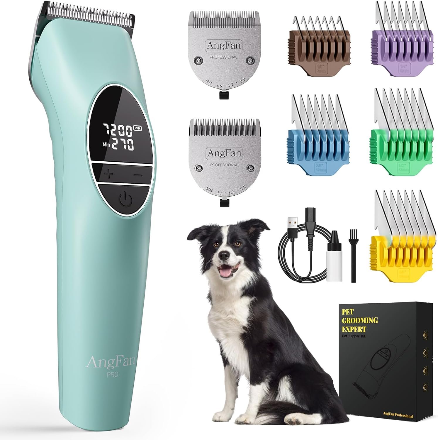 AngFan Professional Dog Clippers for Grooming Thick Coats, Heavy Duty High Power Pet Hair Clippers with 5-Speed 7200RPM, Cordless Dog Grooming Kit with Durable Metal Guide Combs & 4.5H Long Runtime