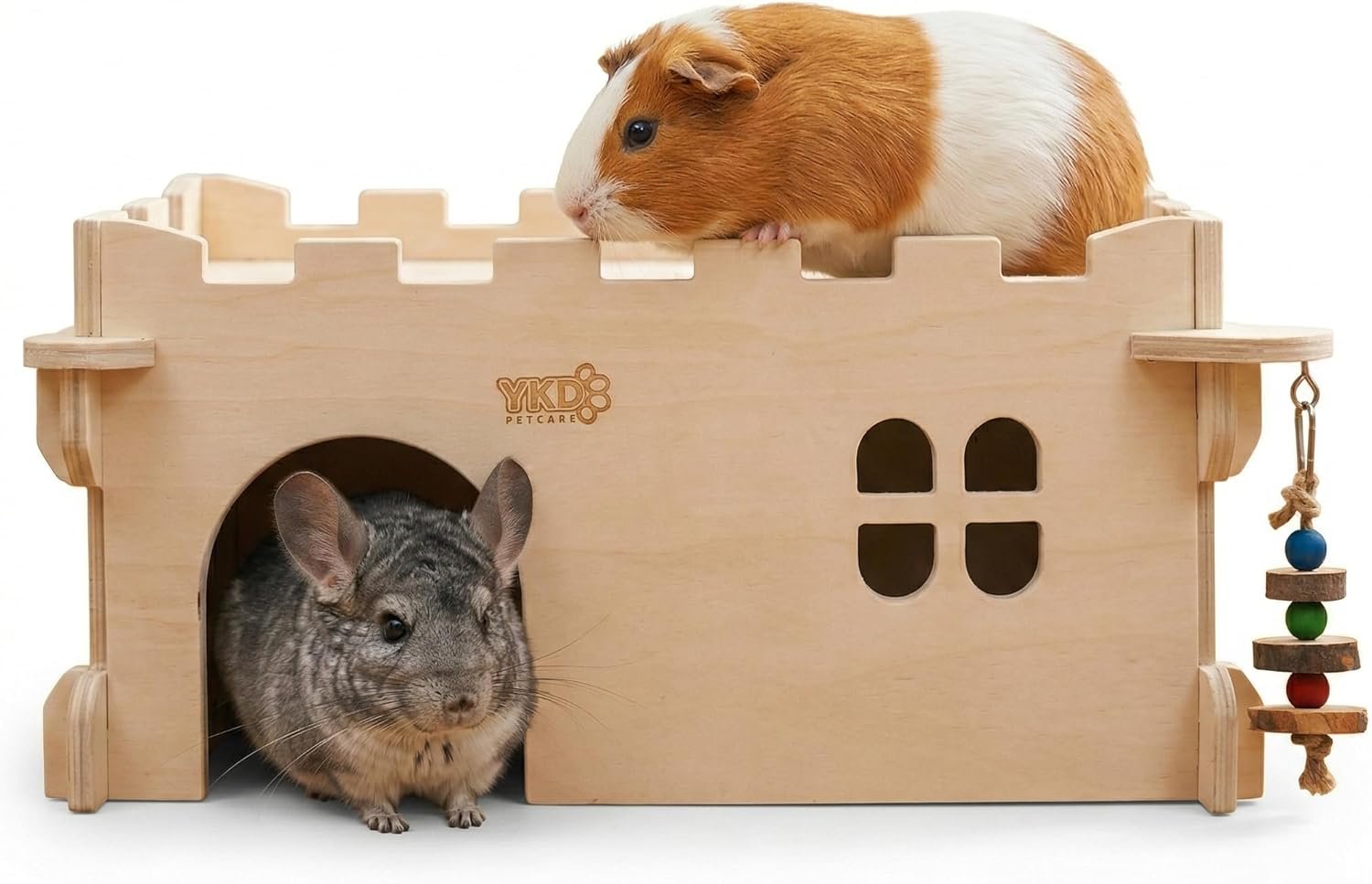 Castle Chinchilla House, Small Animal Hideout for Chinchilla, Guinea Pig, Hedgehog, or Rat, Ventilated Wooden Guinea Pig Hut Habitat with Multiple Doors (Large)