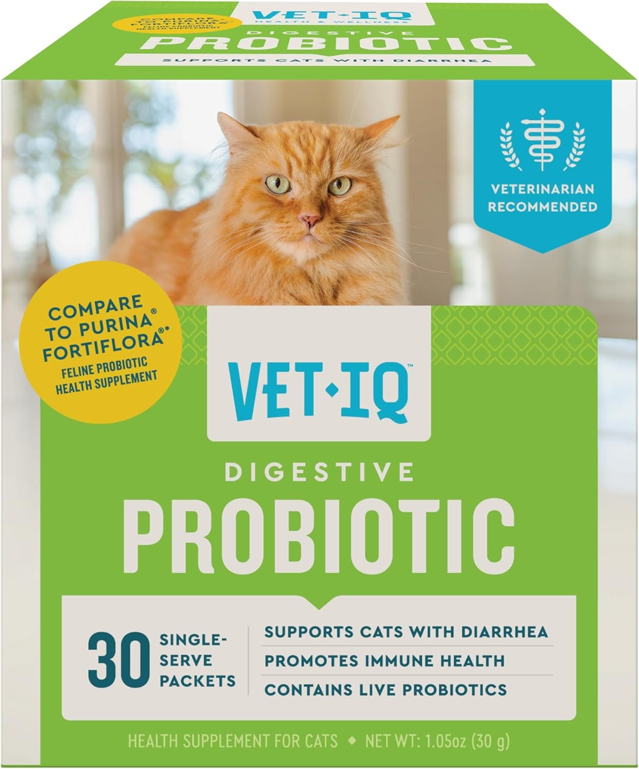 VetIQ Digestive Probiotic for Cats 30-Pack Single-Serve Chicken Liver Flavored Powder Packets – Cat Probiotics for Diarrhea, Indoor Cats, Immune Support and Daily Digestive Health