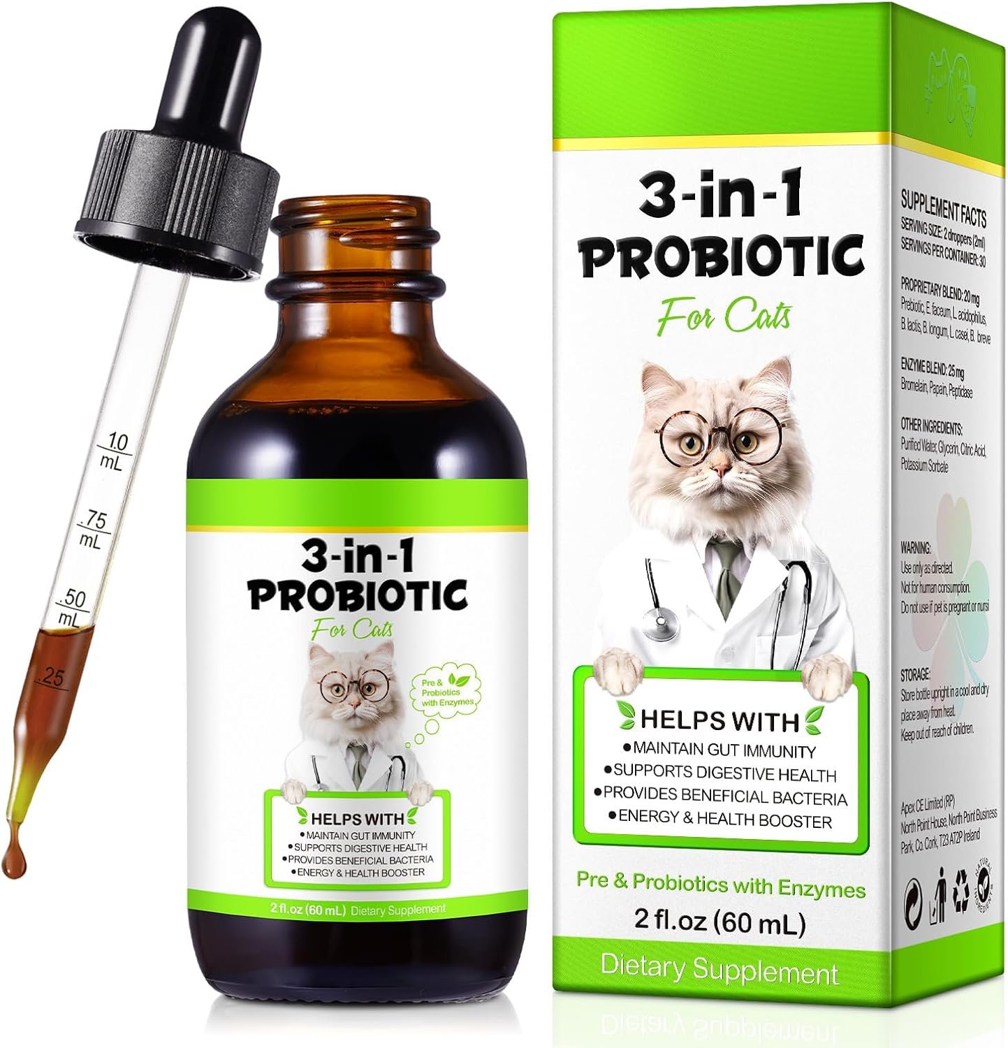 Probiotic for Cats, 3 in 1 Cat Probiotic Supplement Help Digestive, Cat Probiotics for Gut Health, 60ml