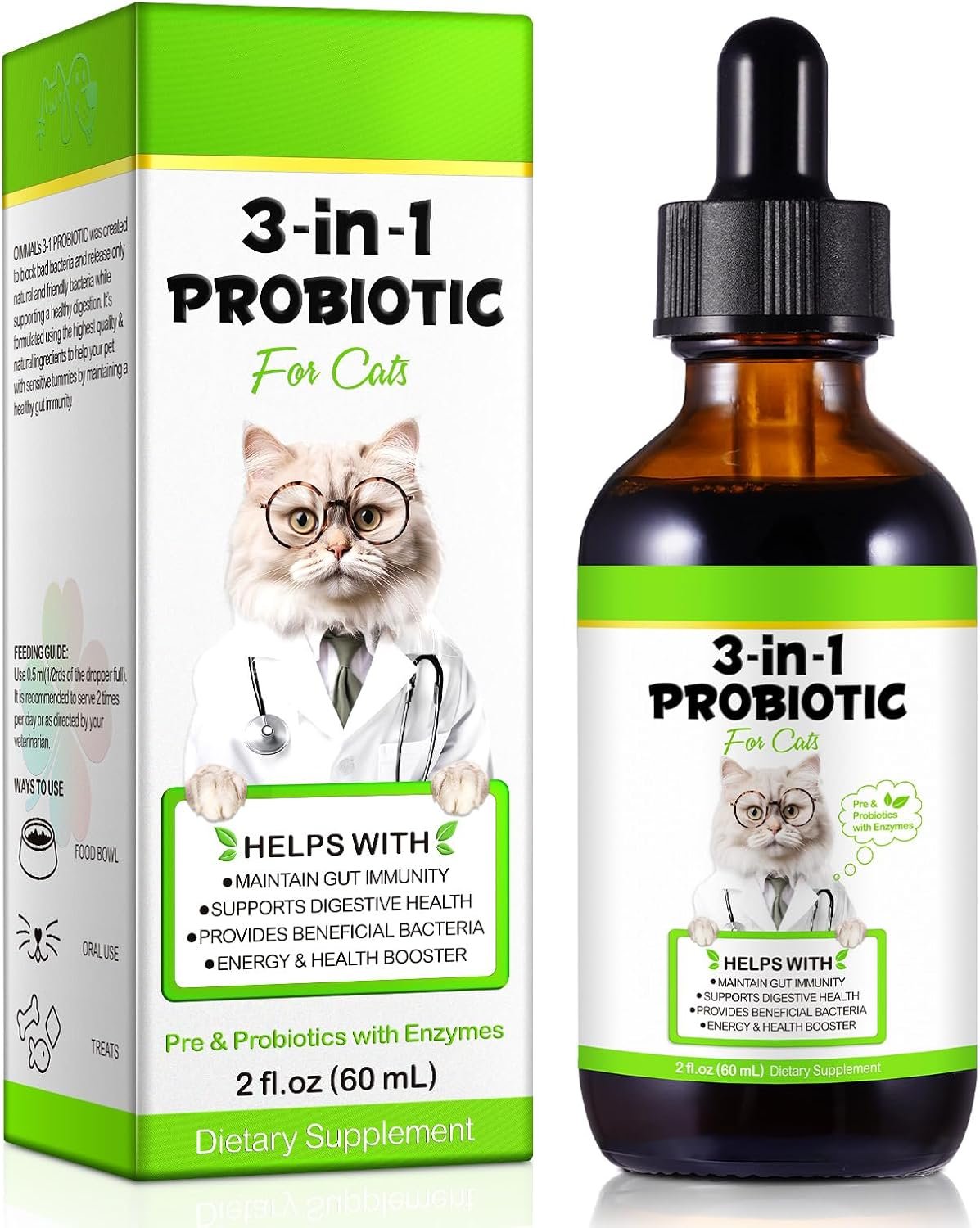 Probiotic for Cats, 3-in-1 Probiotics for Cats with Digestive Enzymes & Prebiotics, Supports Gut Health, Itchy Skin Relief, Allergies & Immunity, 60ml for All Ages