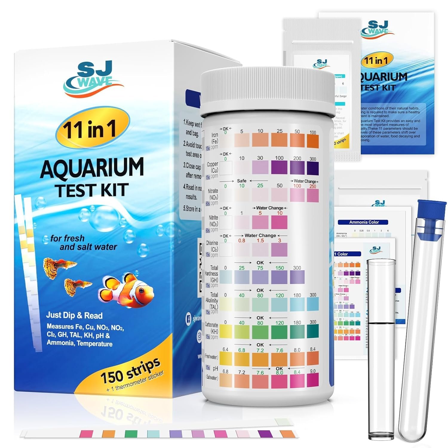 11 in 1 – Aquarium Test Strips | 950 Tests – 150 Strips | Fish Tank Aquariums Water Test Kit & ebook | Aquarium Thermometer | Fish Tank Water Testing Kit Includes 50 Ammonia Strips | Versatile Usage