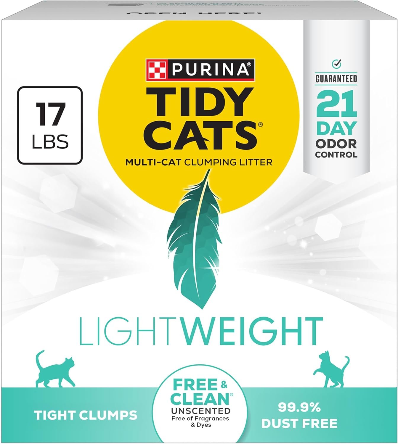 Purina Tidy Cats LightWeight Free and Clean Unscented, Multi-Cat, Clumping, 99.9 Percent Dust Free Cat Litter – 17 lb. Box