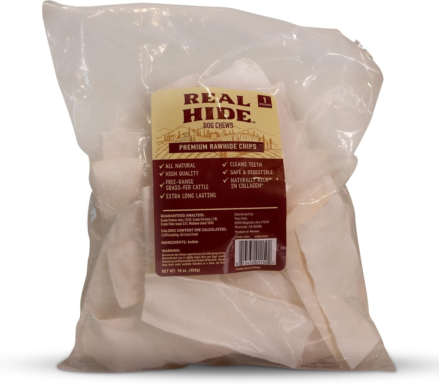 Real Hide | All Natural Dog Chew Treats – Premium Rawhide Chips – Long Lasting Grass Fed Free Range Beef Hide – Small/Medium/Large Dogs – 1 Pound