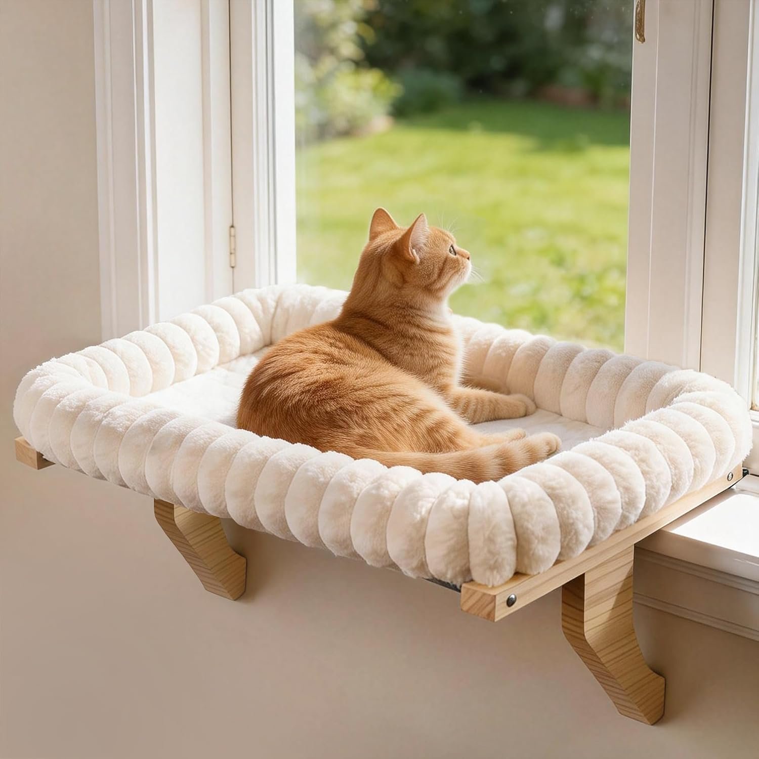 Zoratoo Cloud-Cuddle Cat Perch for Window Sill with Bolster, Natural Wood & Metal Frame Cat Window Seat for Large Cats, Easy to Adjust Zipper Cushion Pet Bed for Windowsill (Large)