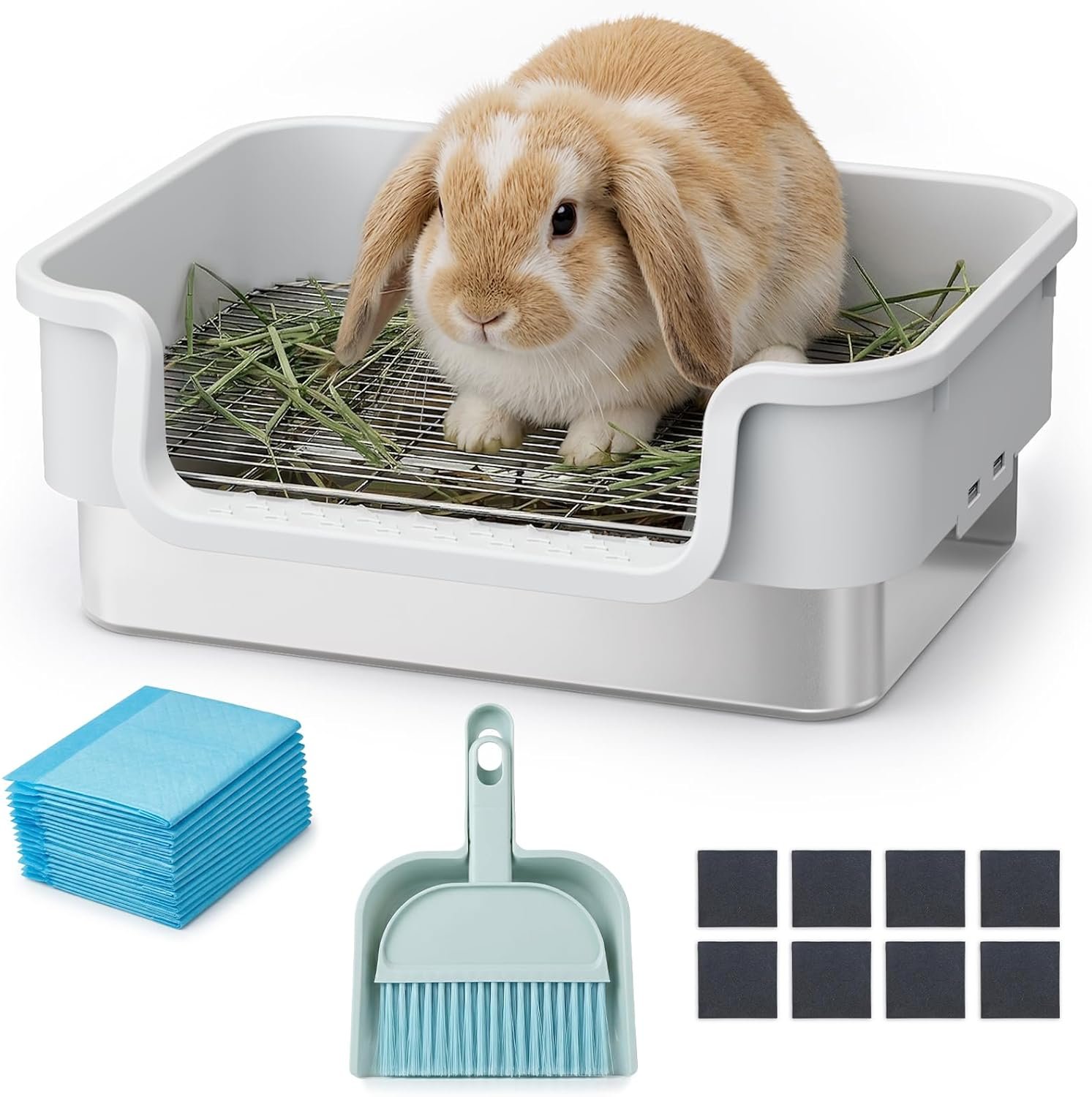 Stainless Steel Sifting Litter Box for Rabbit, Bunny, 16.9×13.4 in(L×W) | Raised Border, Split Double-layer, Metal Grate, Easy Clean, Extra-Large Space For Guinea Pig, Ferret