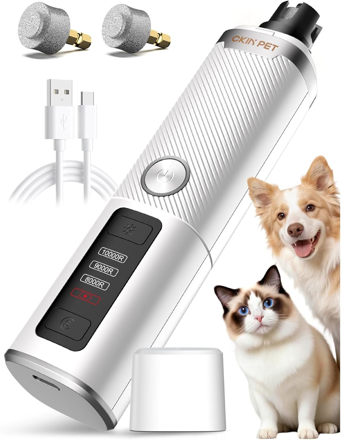 Dog Nail Grinder, Dog Nail Trimmer Quiet with 2 LED Lights, 3-Speed Pet Nail Grinder for Dogs & Cats, Rechargeable 2000mAh Nail Grinder for Small Medium Large Dogs with Light, White | CKIN PET Dog Nail Grinder, Quiet Electric Dog Nail Trimmer