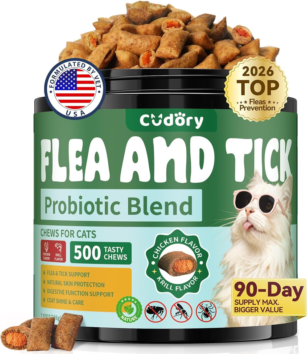Flea and Tick Prevention for Cats, 500 Cat Flea Treatment with Probiotics Chewables, Crunchy & Creamy Treats Natural Oral Flea Supplement with Skin & Coat, Digestive Support – Chicken, Krill Flavor