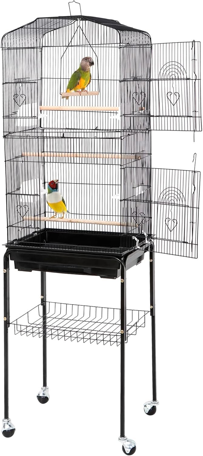 ZENY 63.4 Inch Bird Cage, Rolling Wrought Iron Parrot Cage with Side-Out Tray, Storage Shelf, Pet Bird House for Parrot Cockatiel Cockatoo Parakeet Macaw Finches