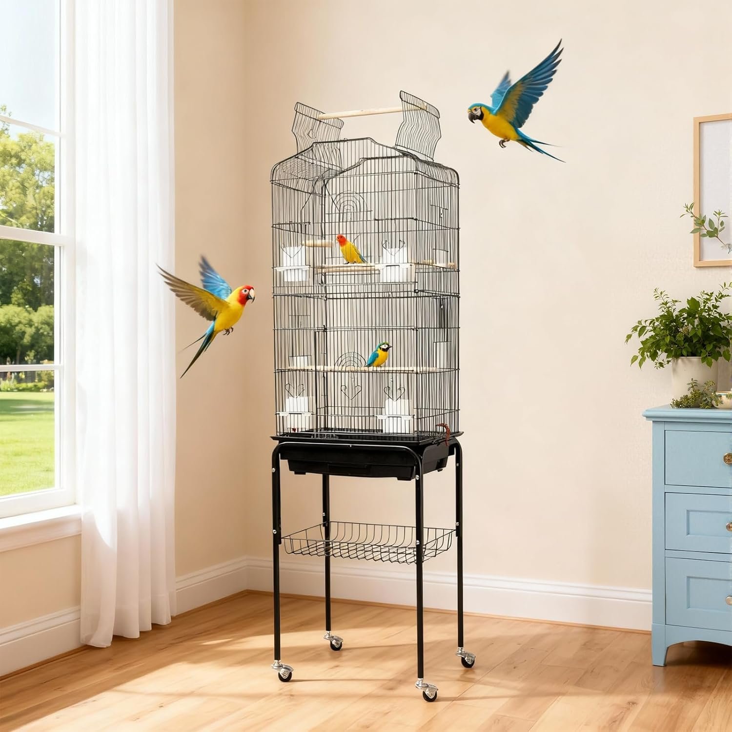 64” Large Metal Bird Flight Cage with Open Top, Detachable Rolling Stand & Storage Shelf for Parrots, Conures, Lovebirds, Cockatiels, Parakeets, Black