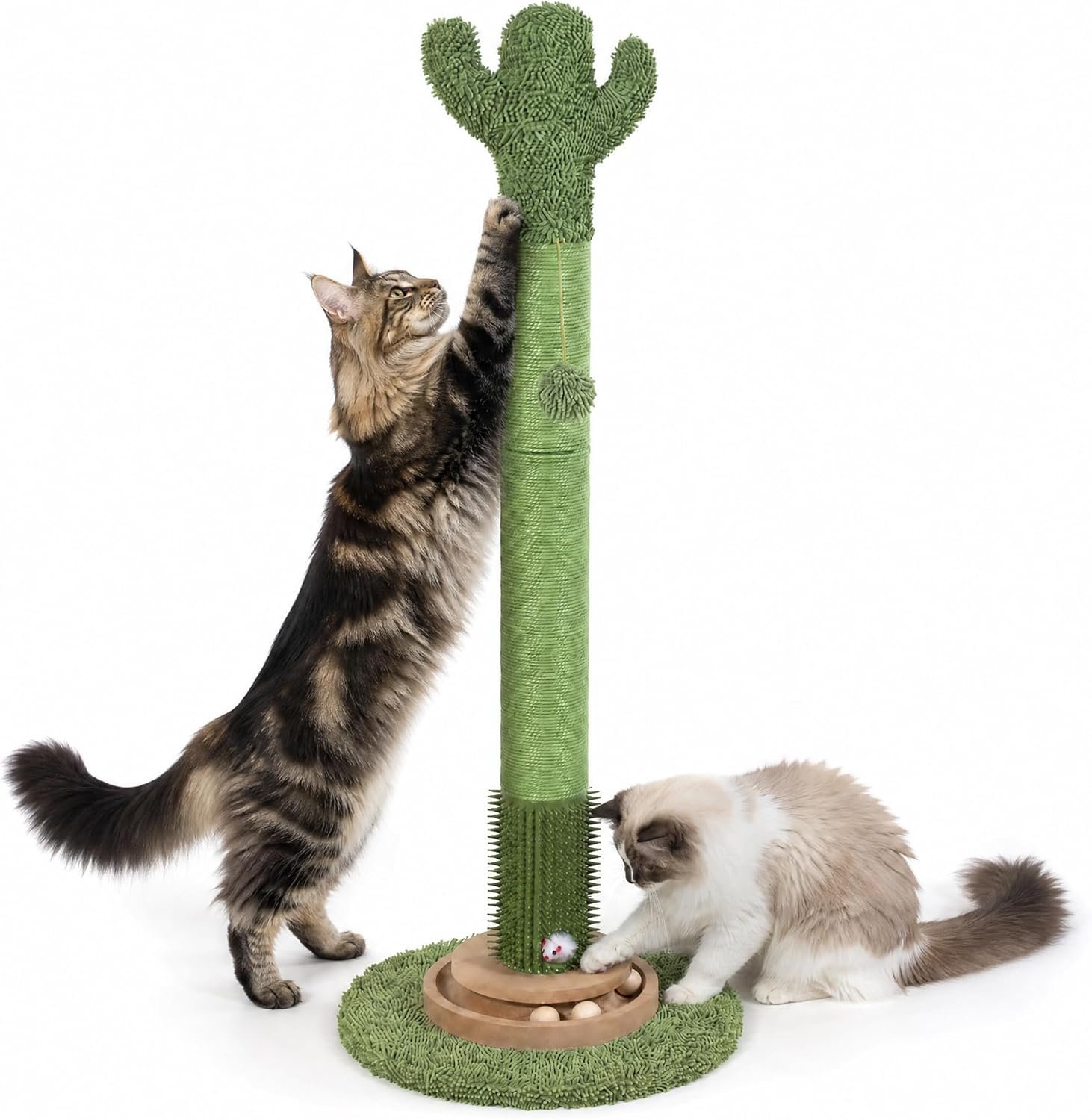 41.5″ Cactus Cat Scratching Post, Heavy Duty Sisal Scratcher with Interactive Ball & Grooming Brush, Stable Anti-Tip Cat Tree for Indoor Cats & Large Cats