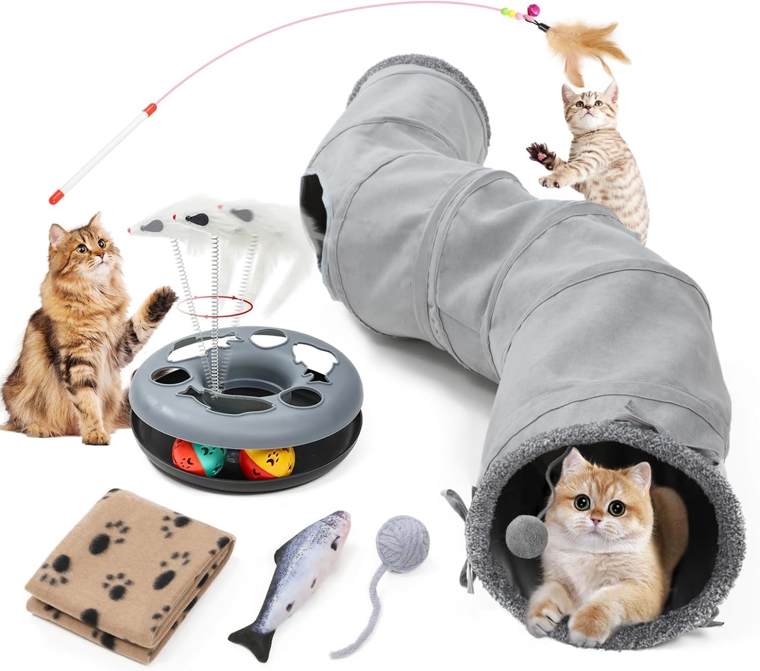 Pet Cat Tunnel Tube Cat Toys 2 Way Collapsible, Tunnels for Indoor Cats,S-Shaped Play Tube with Peephole and Hanging Ball,10.5″ Maze Cats House for Puppies, Rabbits, Kitty, Kitten,Ferrets