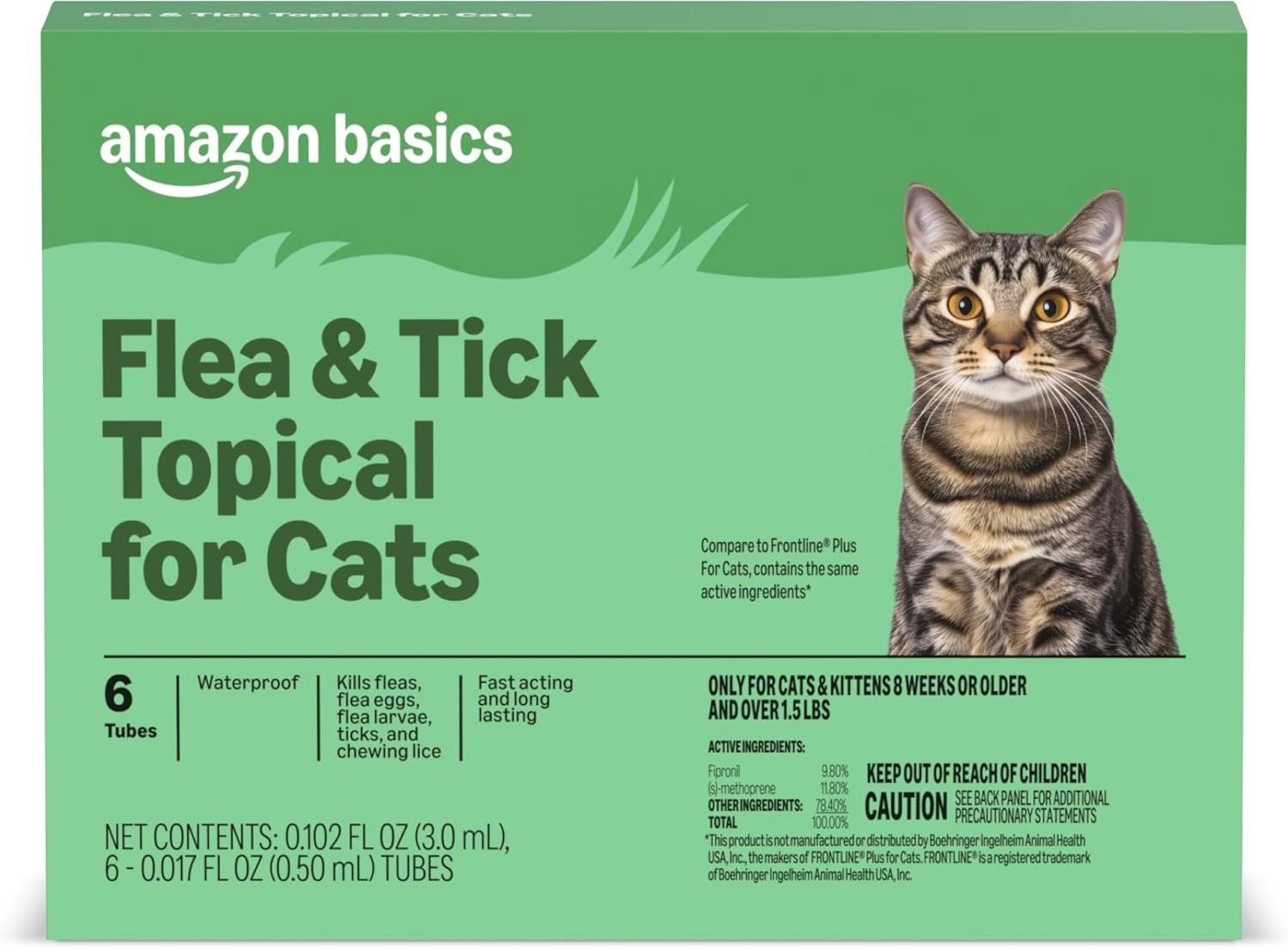 Amazon Basics Preventative Flea and Tick Topical Treatment for Cats (Over 1.5 lbs), Fast Acting and Long Lasting, 6 Count, Packaging May Vary