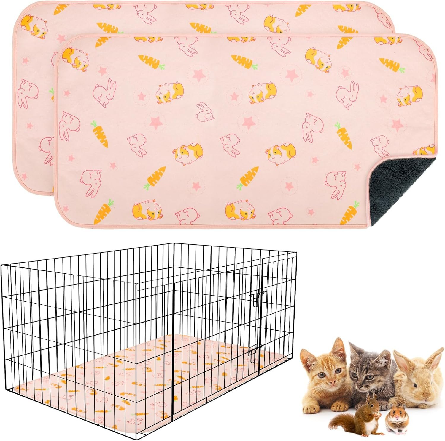 BEAUTYZOO 2 Pack Guinea Pig Cage Liners, Washable Reversible Fleece Guinea Pig Bedding, Waterproof Super Absorbent Pee Pads for Small Animals Rabbit Hamster Bunny – 16″x24″ Pink