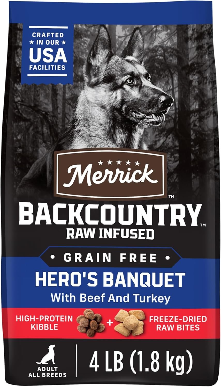 Merrick Backcountry Grain Free Dry Adult Dog Food, Kibble With Freeze Dried Raw Pieces, Hero’s Banquet Recipe – 4.0 lb. Bag