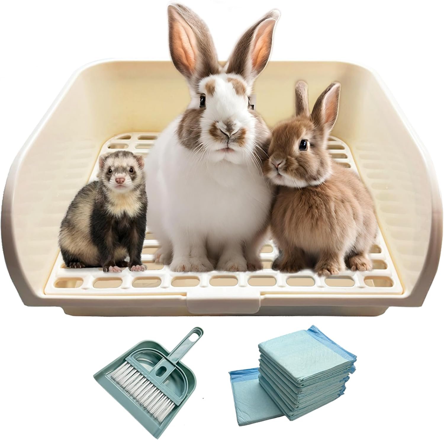 Kiwi & Mora Rabbit Litter Box – Extra Large Bunny Litter Box 17.1″x12.8″ with Grate, Pee Pads & Cleaning Set – Potty Training Pan for Large Breed Rabbits, Guinea Pig, Ferret, Chinchilla, Easy to Use