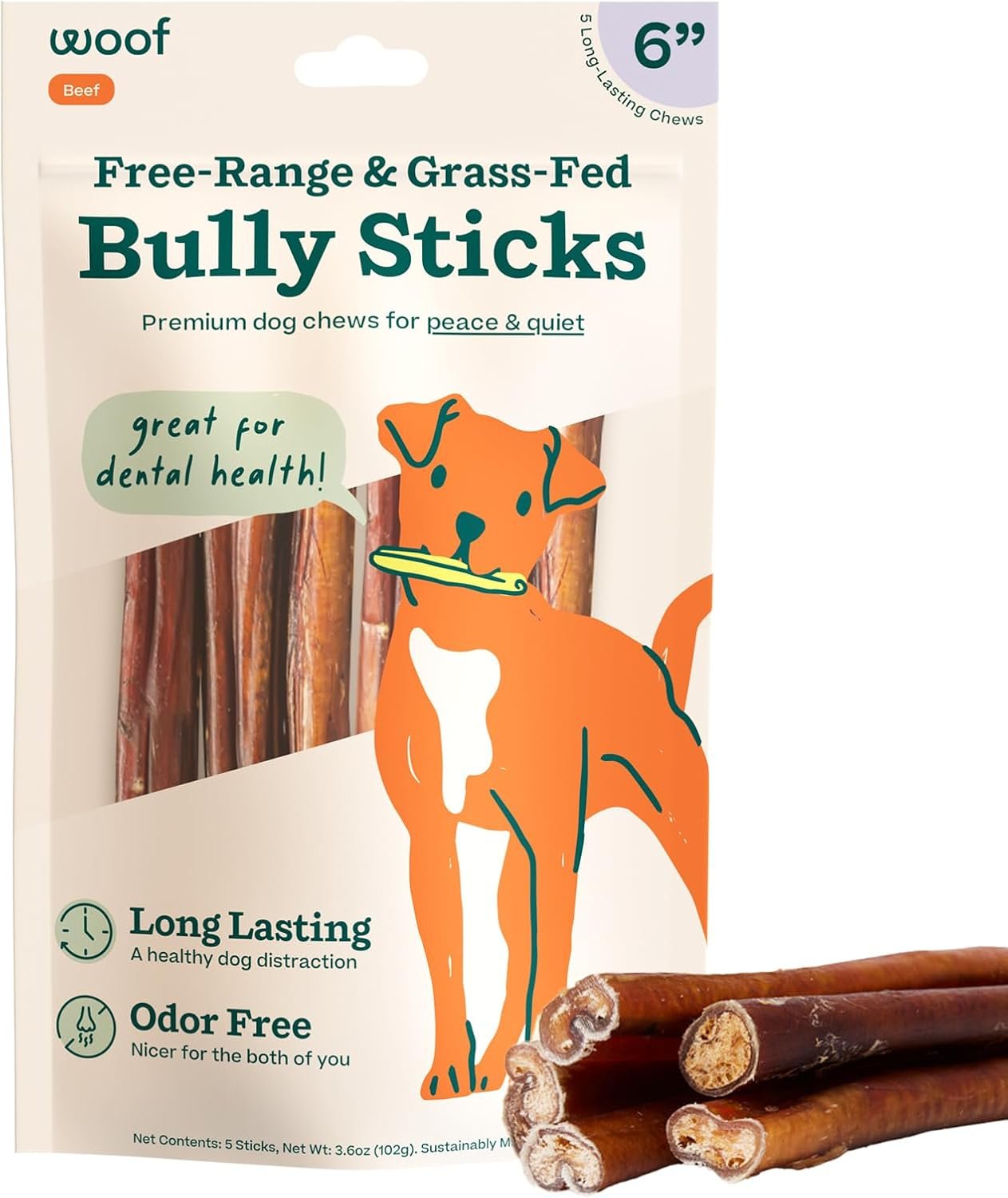 WOOF Bully Sticks Dog Treats – Chew Sticks for Dogs – Long-Lasting Dog Chew Treats – Made with Free-Range, Grass-Fed Beef – 6″ Sticks – 5pk
