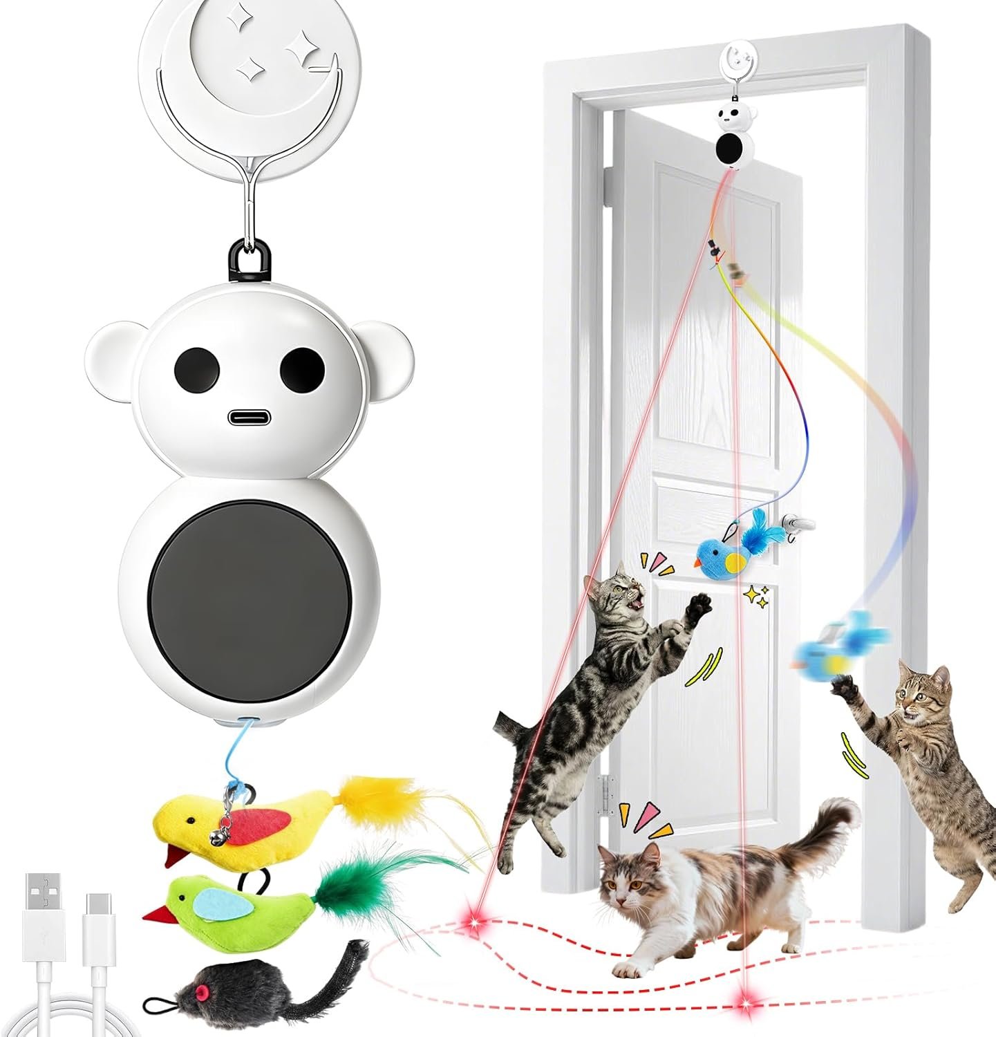 Interactive Cat Toys for Indoor Cats, 2-in-1 Laser Pointer Cat Toy with Automatic Flying Bird & Mouse Wand, Adjustable Speed USB Rechargeable Doorway Hanging Toy for Bored Kittens and Adult Cats