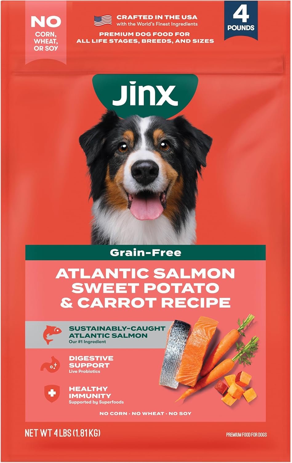 Jinx Premium Grain-Free Dry Dog Food, for All Lifestages – Real Salmon, Sweet Potato & Carrot Puppy Kibble with Superfoods for Immune Support & Probiotics for Digestive Support – No Fillers – 4lb