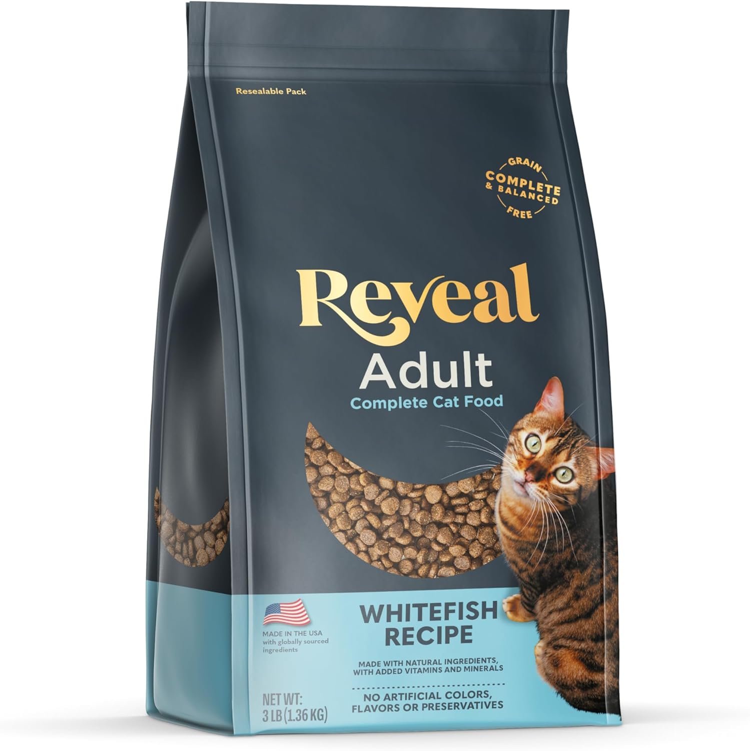Reveal Adult Dry Cat Food, Protein, Grain Free with Added Vitamins & Minerals, Complete & Balanced Nutrition for Cats, Whitefish Recipe (3 Pound Bag)