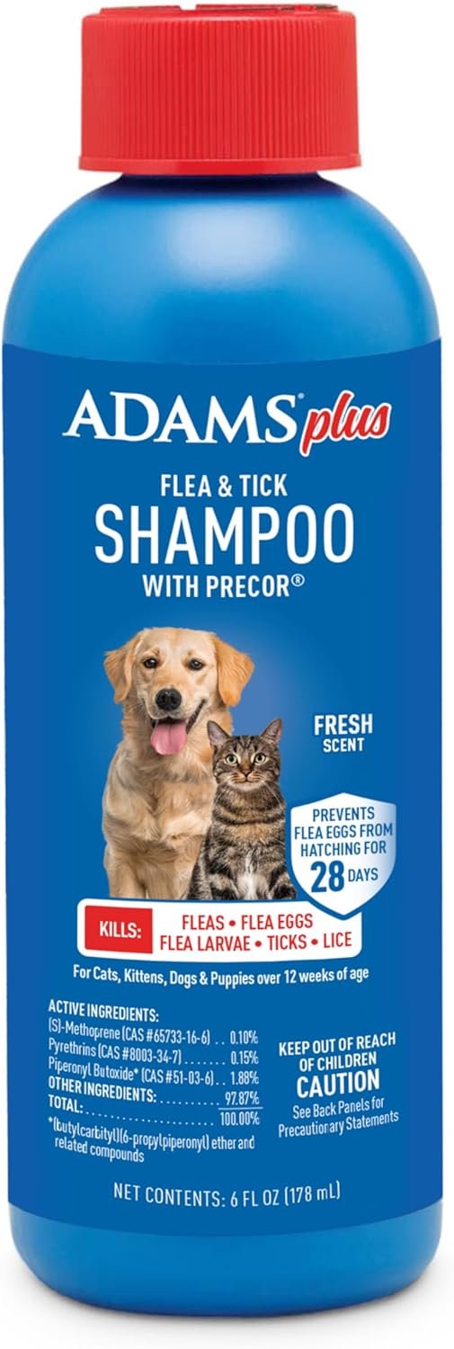 ADAMS Plus Flea & Tick Shampoo with Precor for Dogs, Cats, Puppies & Kittens, Flea Shampoo to Treat Flea Infestations, Kills Ticks, Fleas, Flea Eggs & Lice, Cleans and Conditions Coat, 6 Ounces