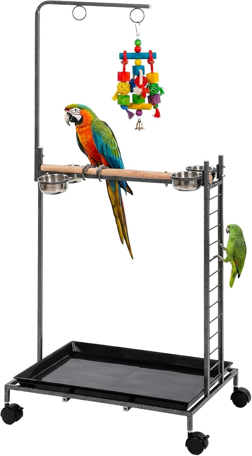 PawHut Bird Stand, Parrot Stand with Wheels, Wooden Perch, Stainless Steel Bowls, Ladder and Slide-out Tray, for Indoor Outdoor Use, for Budgies, Parakeets, Dark Gray