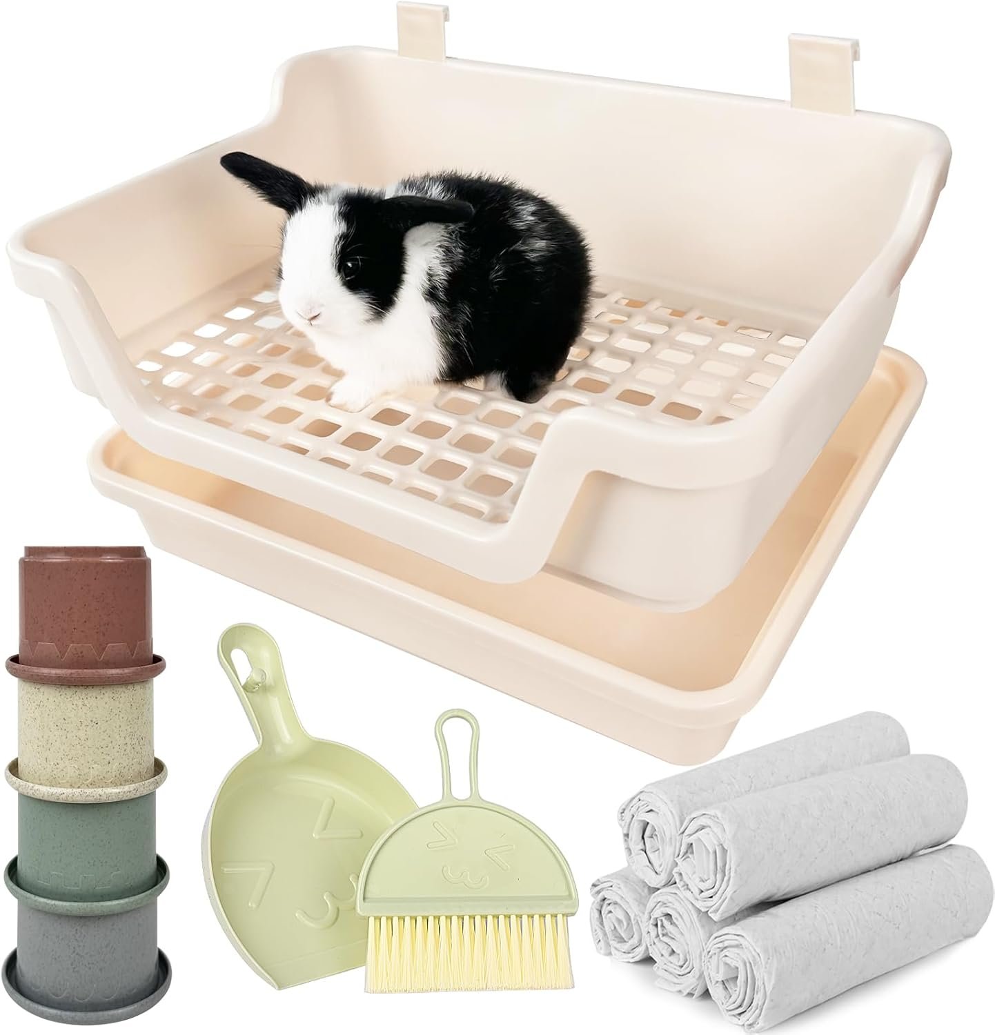 Large Rabbit Litter Box w/Plastic Grid & Dump Tray-Bunny Litter Pan Small Animal Potty Toilet – Pet Bunny Supplies Rabbit Cage Accessories for Training Corner Litter Box (Cream)