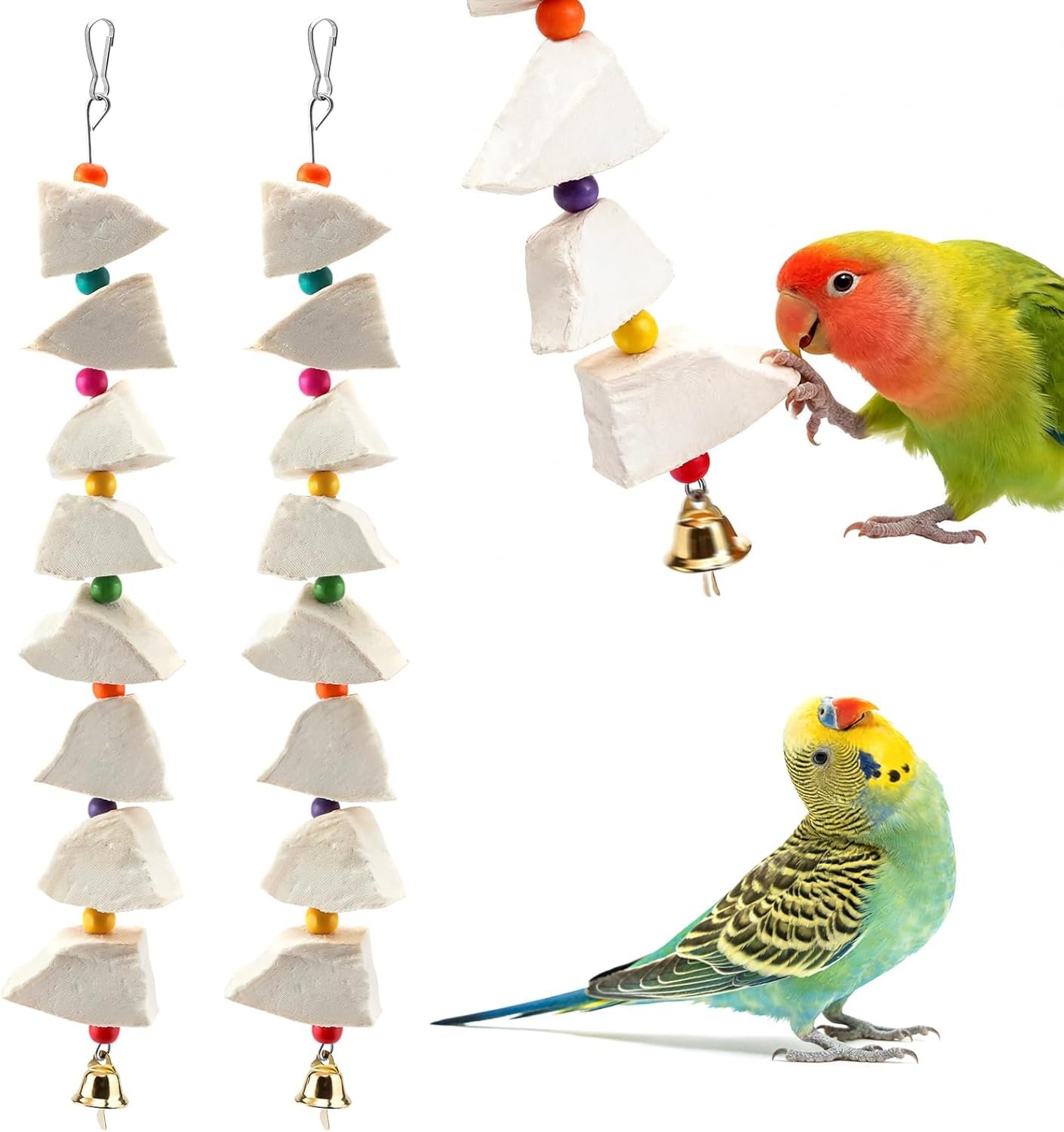 2 Pack Bird Cuttlebone Chew Toys, Natural Cuttlefish Bone for Birds Beak Grinding & Calcium Supplement, Hanging Cage Accessories for Small Medium Birds (2, Chunky Blocks)