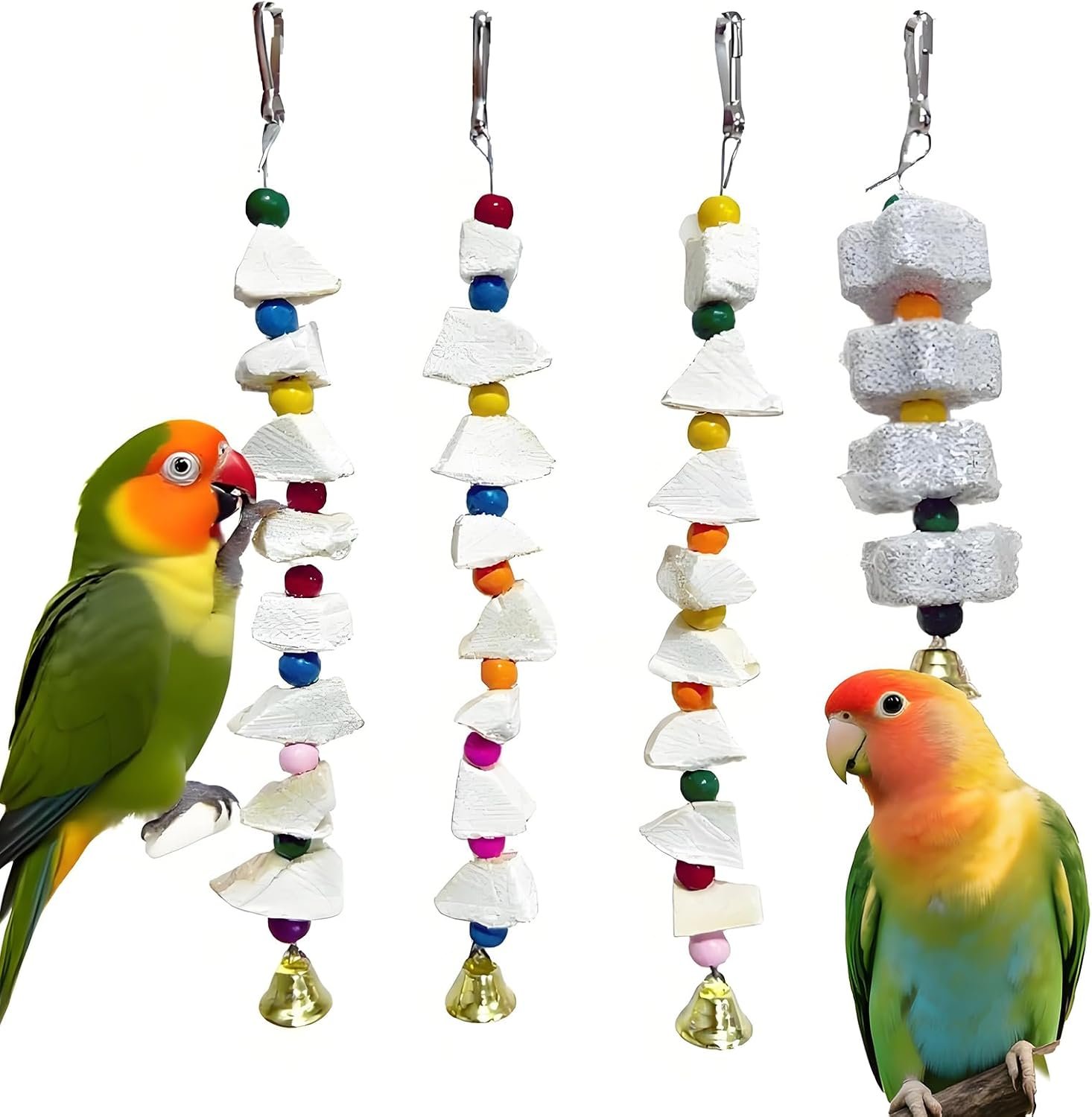 Parrot Toys 4-Pack with Cuttlebone for Birds – Calcium Chew Toys & Grinding Stone for Parakeets, Budgies, Cockatiels, Lovebirds – Promotes Beak Health, Prevents Destructive Chewing, Easy to Install