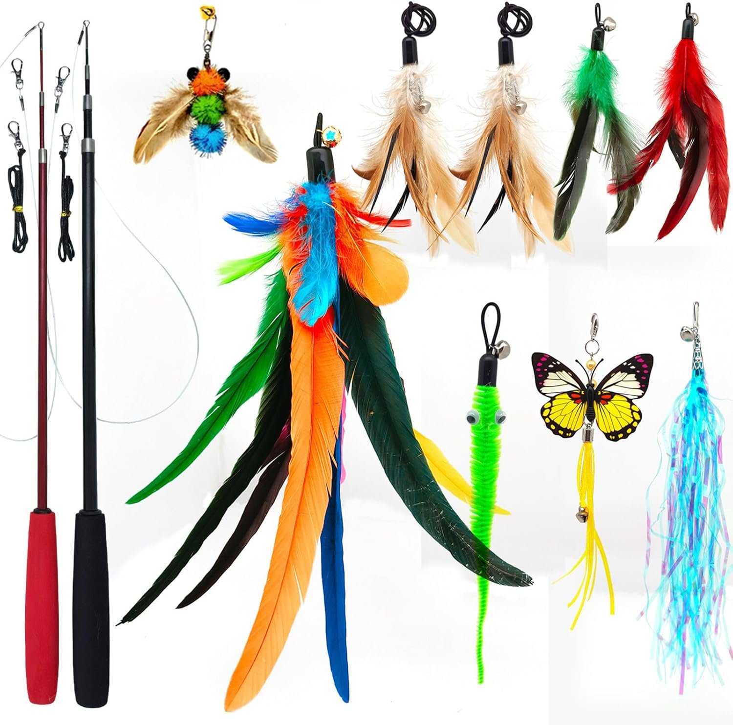 miwoowim Cat Toys Interactive for Indoor Cats, 2PCS Ultra-Long Teaser(50″+38″)+9PCS Da Bird Feather Refills, Fishing Pole Toy,Retractable Cat Wand Toy and Feather Toys Refills Attachment Replacement