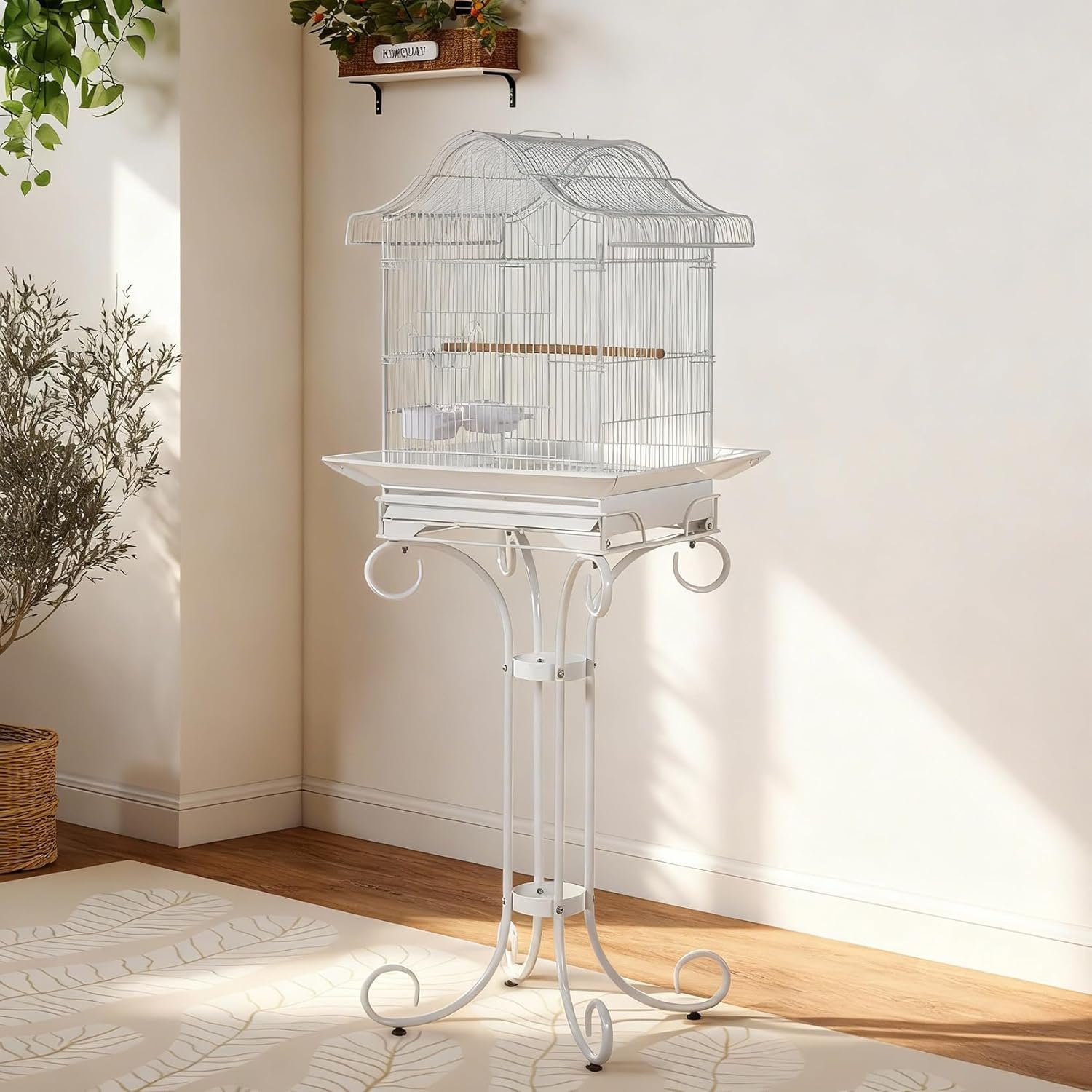 58″ Wrought Iron Bird Cage, Heavy-Duty 25 Lbs, Play Top, Rolling Stand, Stainless Bowls, Non-Toxic Coating, Easy Clean Flight Cage for Parakeets, Cockatiels, Conures, Finches