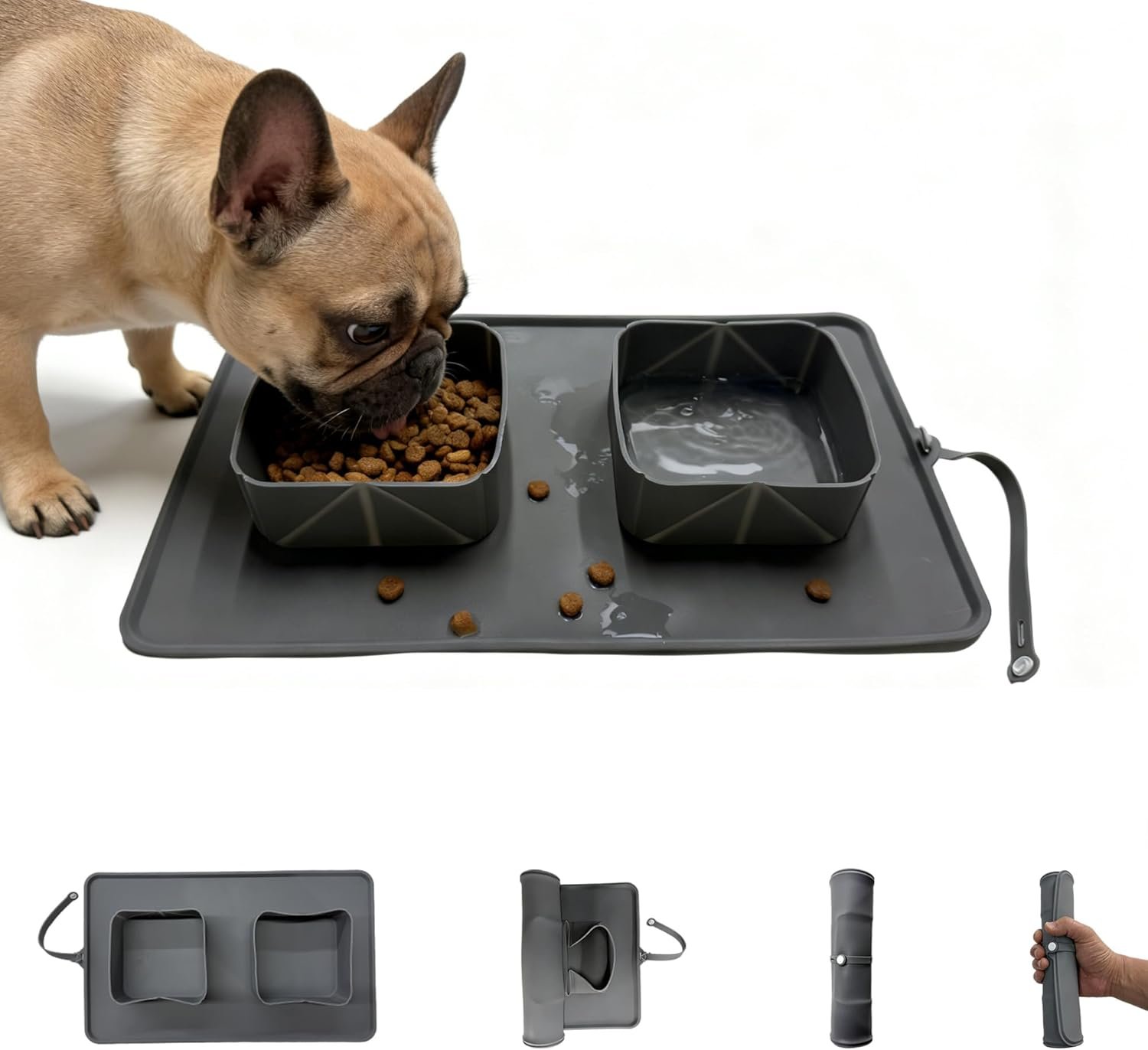 No Spill Collapsible Dog Bowls with Mat, 20oz 2-in-1 Roll-Up Silicone Pet Feeding Station, Portable BPA-Free Travel Dog Bowls for Car, Camping, and Outdoor Use