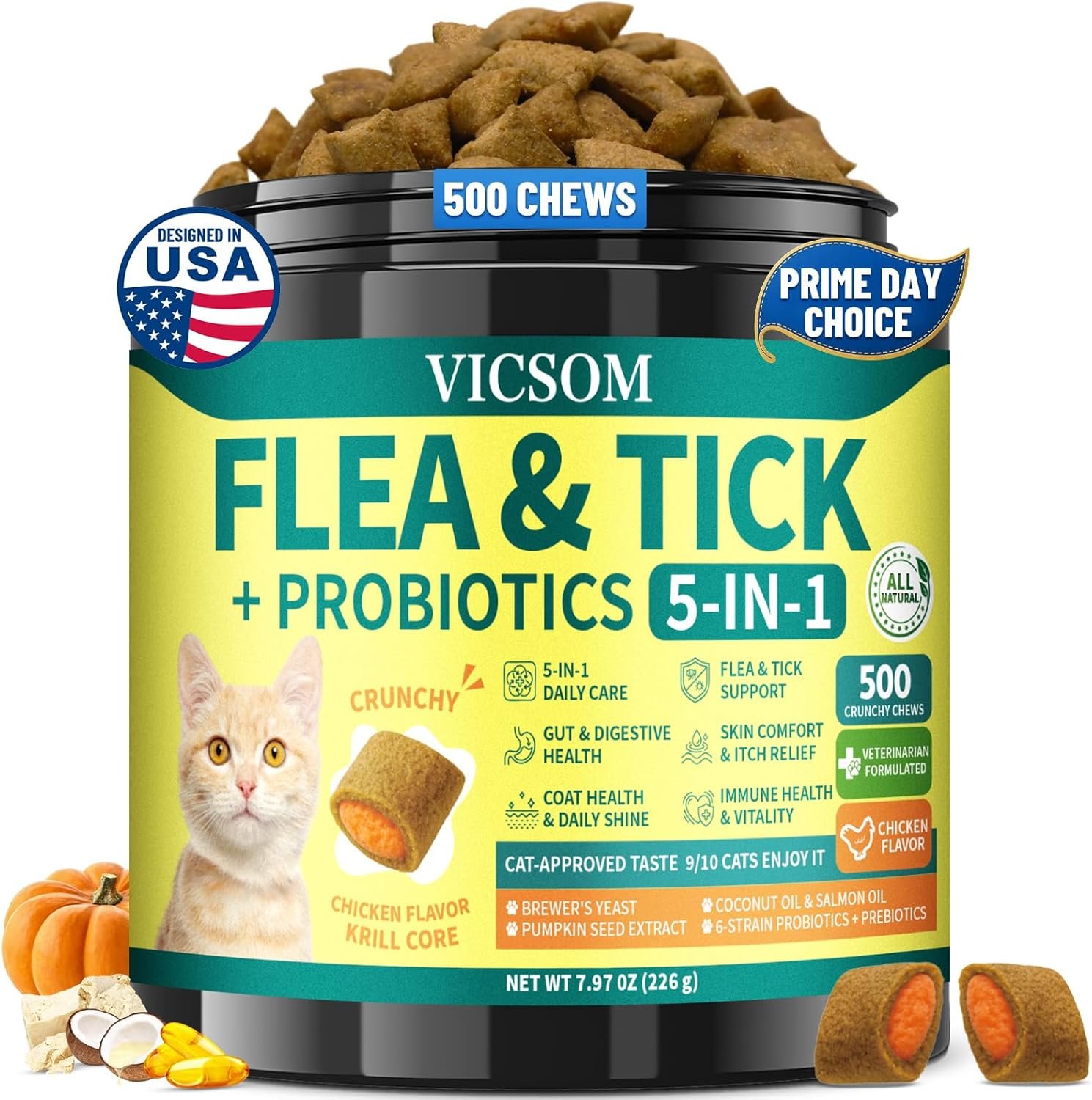 Flea and Tick Prevention for Cats, 500 Crunchy & Krill Chews with Probiotics for Cats, Cat Flea Chews with Gut & Digestive Support, Skin & Coat Support for All Breeds & Ages, Chicken Flavor