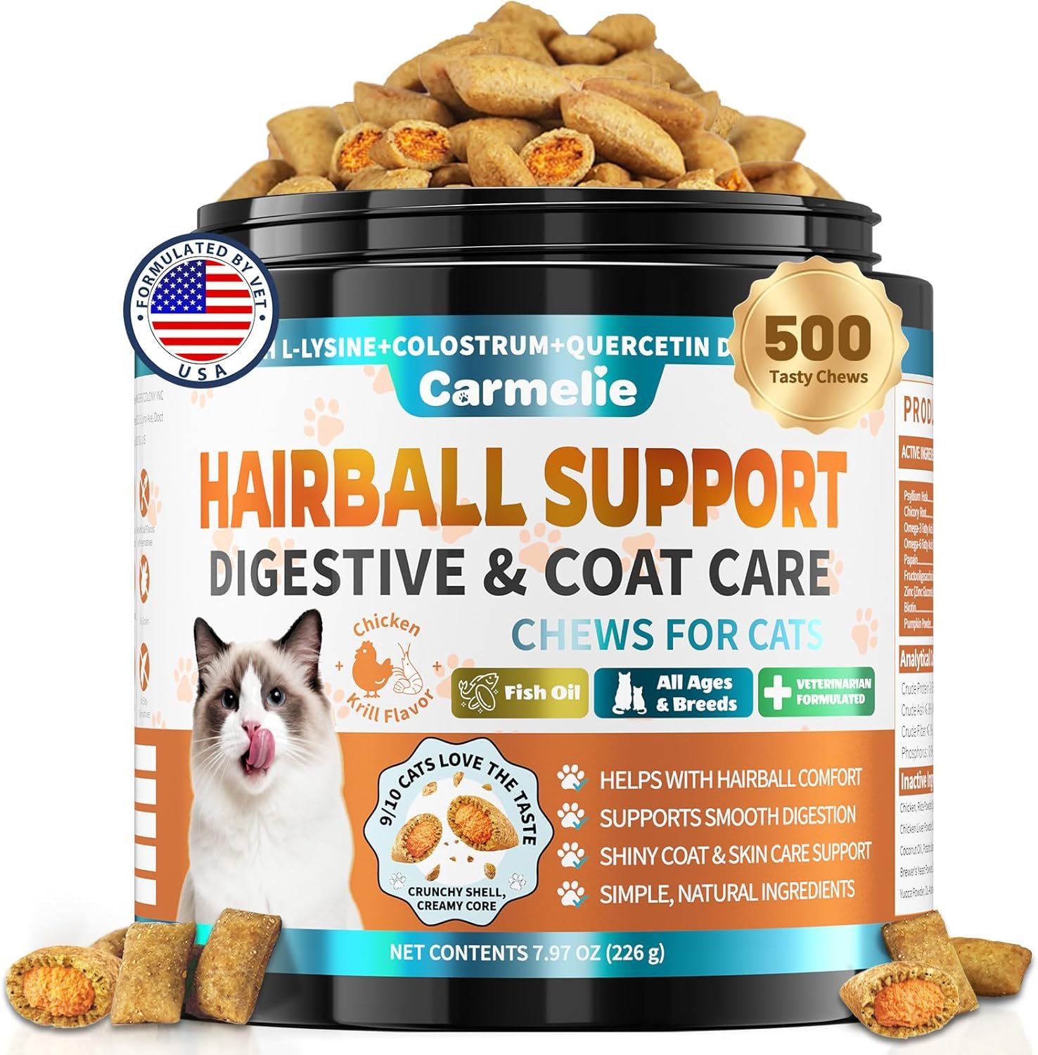 Hairball Treatment for Cats – 500 Crunchy & Creamy Hairball Treats for Cats – Indoor Feline Digestion Formula for Hairball Control, Cat Hairball Remedy & Digestive Support, Chicken & Krill Flavor