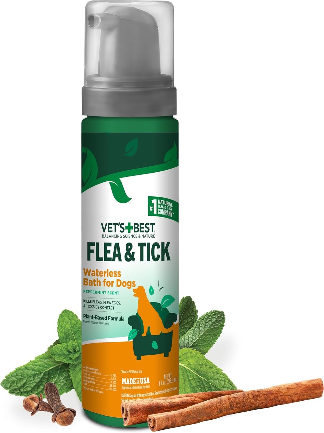 Vet’s Best Natural Flea and Tick Waterless Bath for Dogs – No-Rinse Dry Foam Shampoo with Certified Essential Oils – Natural Flea Treatment with Plant-Based Ingredients – 8 oz Bottle – Made in USA