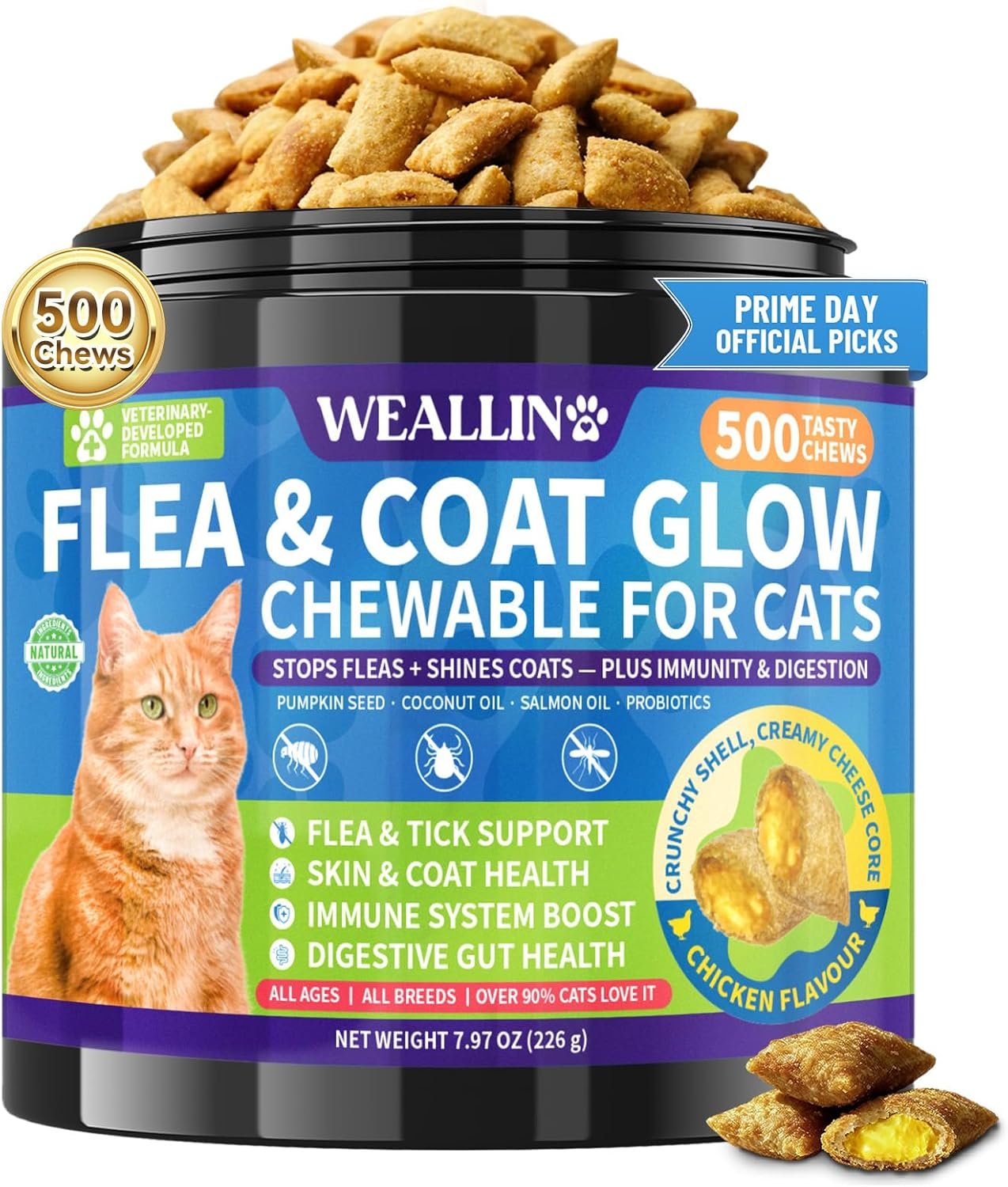 Flea and Tick Prevention for Cats – 500 Crunchy & Creamy Chews, Cat Flea Treatment with Skin & Coat Support, Oral Natural Flea Chewables for Gut & Immunity Support for All Breeds & Ages Chicken Flavor