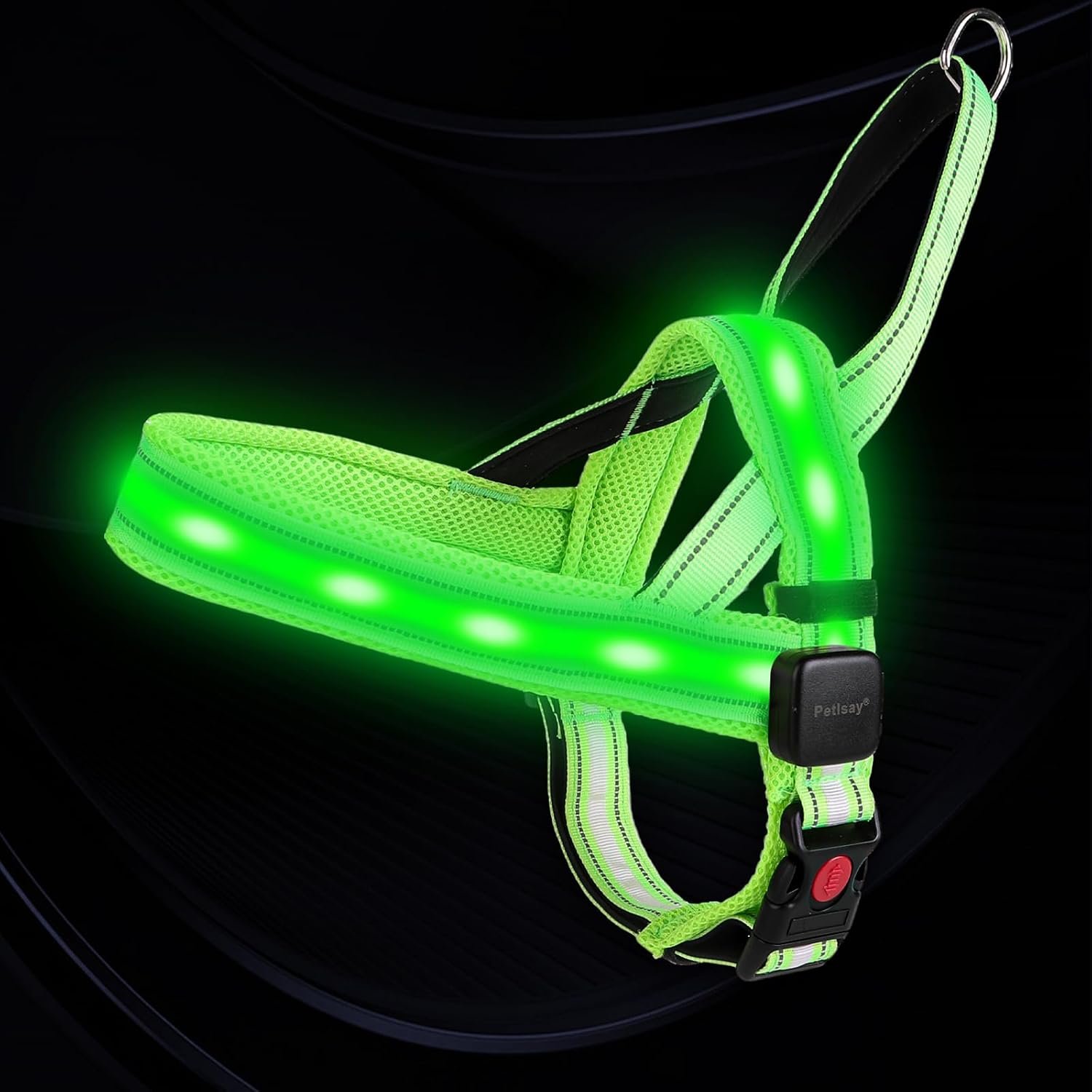 PetIsay LED Light Up Dog Harness – USB-C Rechargeable, IPX7 Waterproof, Reflective, No Pull Dog Vest with Soft Padded Handle for Night Walking(Green, Medium)