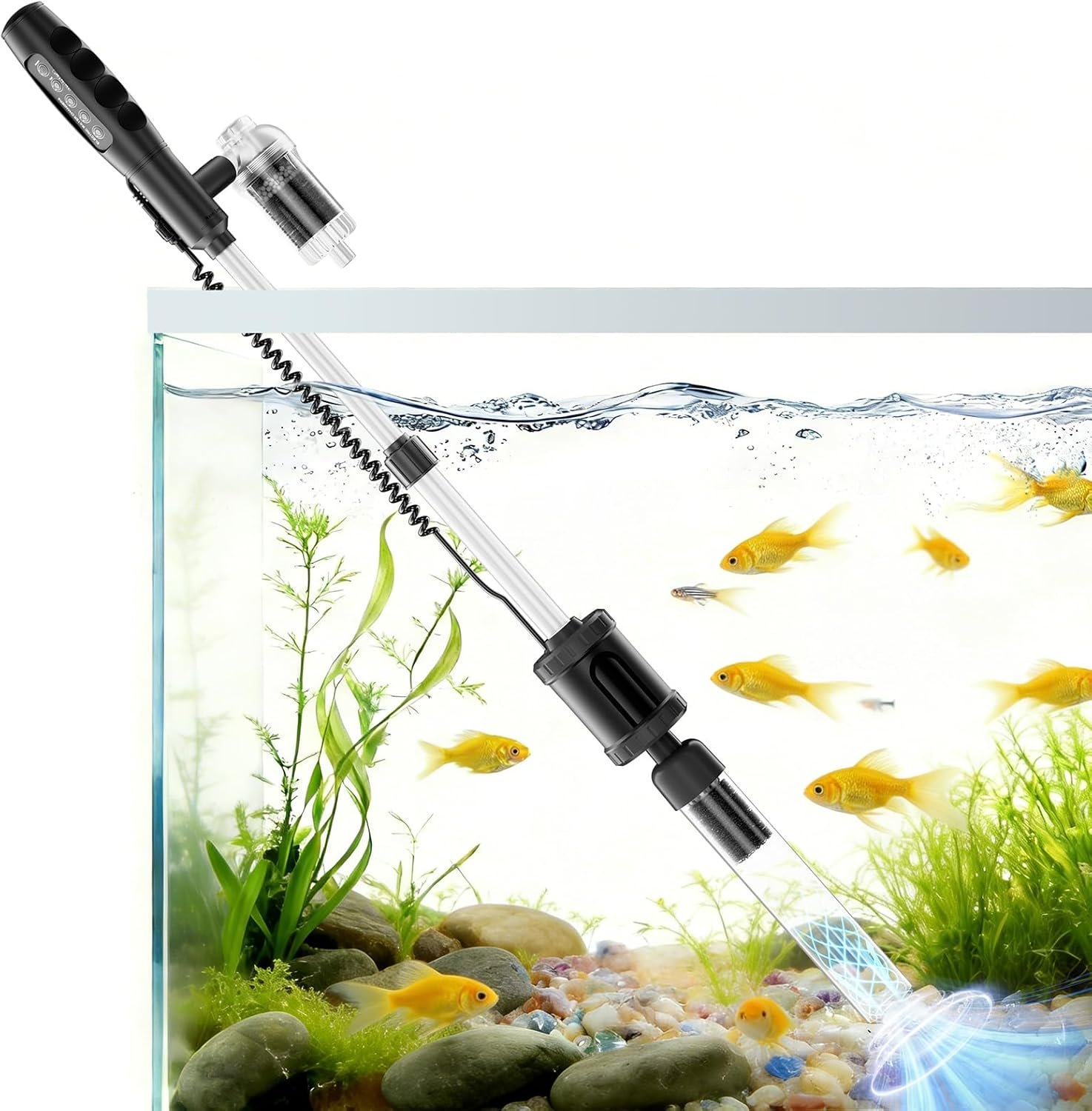 AKKEE Aquarium Vacuum Gravel Cleaner Handle Control, 8 in 1 Multifunctional 36W Electric Fish Tank Cleaner Vacuum for Automatic Water Change, Wash Sand, Water Circulation and Timed Off
