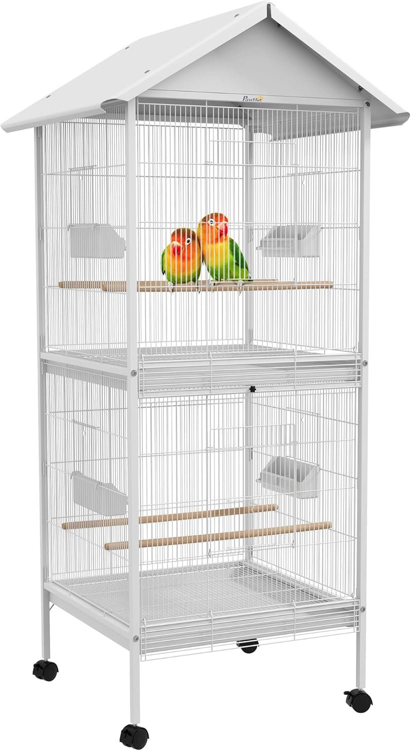 PawHut Wrought Metal Bird Cage Feeder with Rolling Stand Perches Food Containers Doors Wheels 67″ H, White