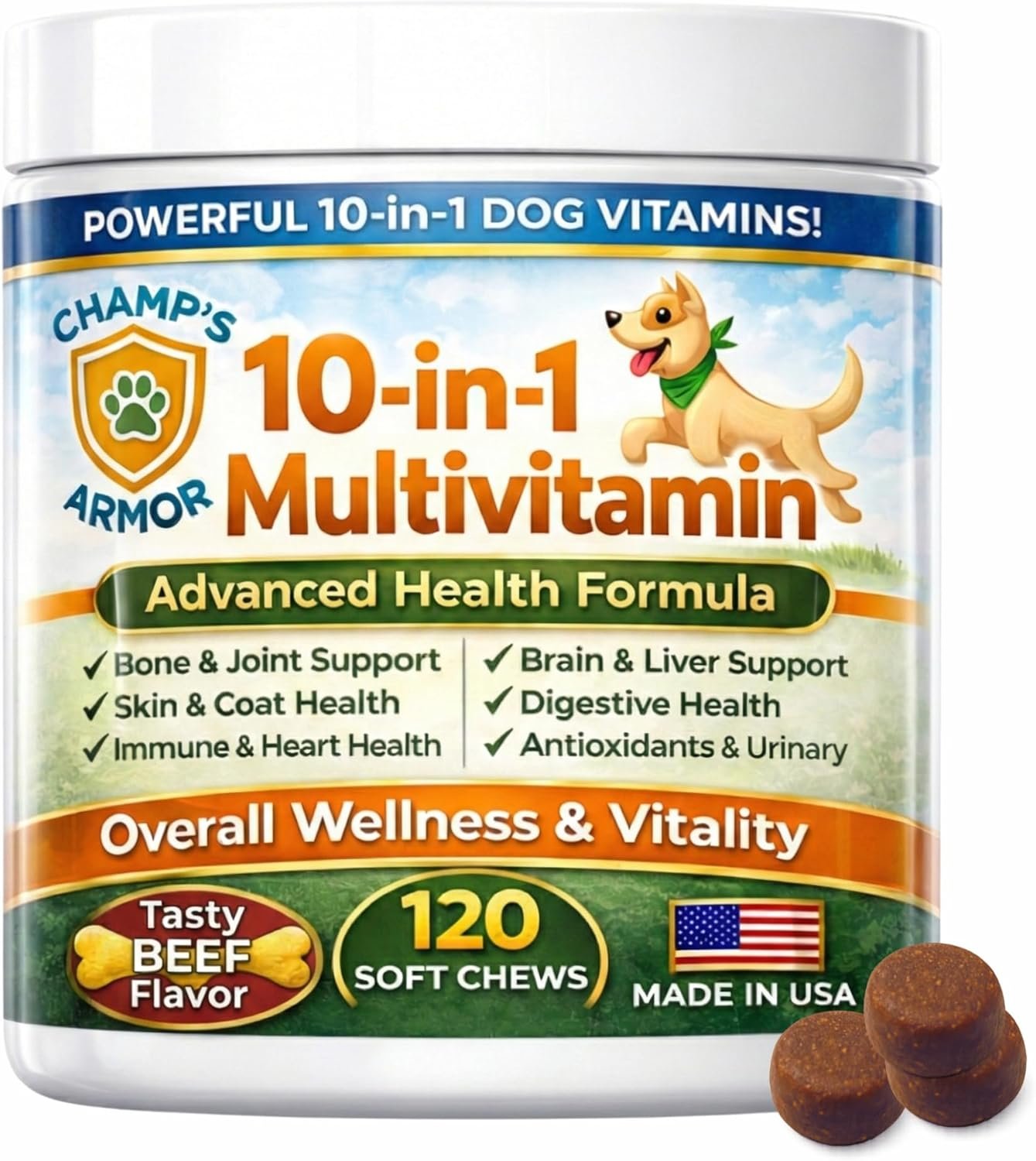 Dog Multivitamin 10-in-1 with Glucosamine – Hip Joint Support, Skin & Coat, Digestive Health, Immune Boost – Salmon Oil, Probiotics, MSM – All Natural Daily Chews for Dogs All Breeds – 120 Count