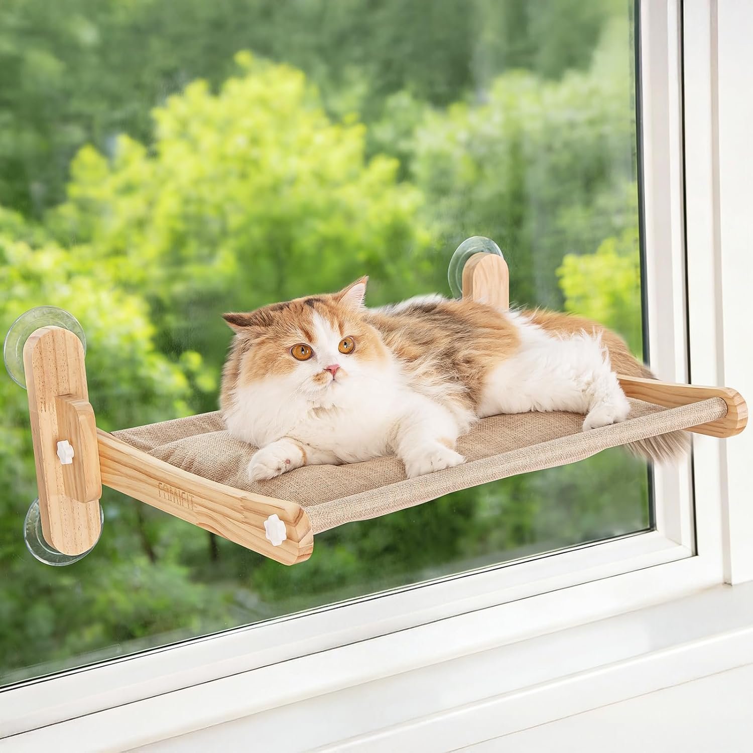 Large Foldable Cat Window Perch – Natural Pine Cat Sill Seat, 50LBS Heavy Duty Cordless Design, Space-Saving No-Scratch Window Hammock for Indoor Cats