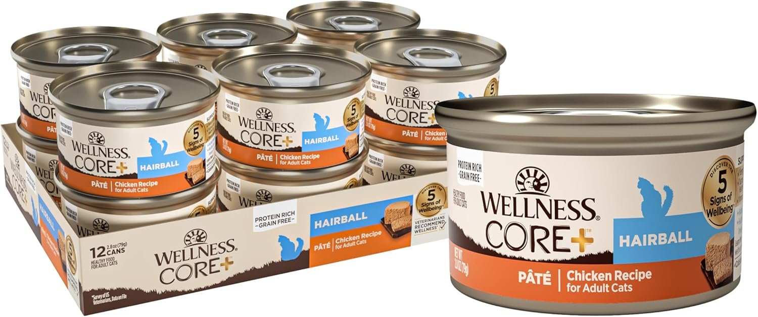 Wellness CORE+ Hairball Pate Adult Canned Wet Cat Food, Natural, Protein Rich, Grain Free, Chicken Recipe, 2.8 oz, Pack of 12 Cans