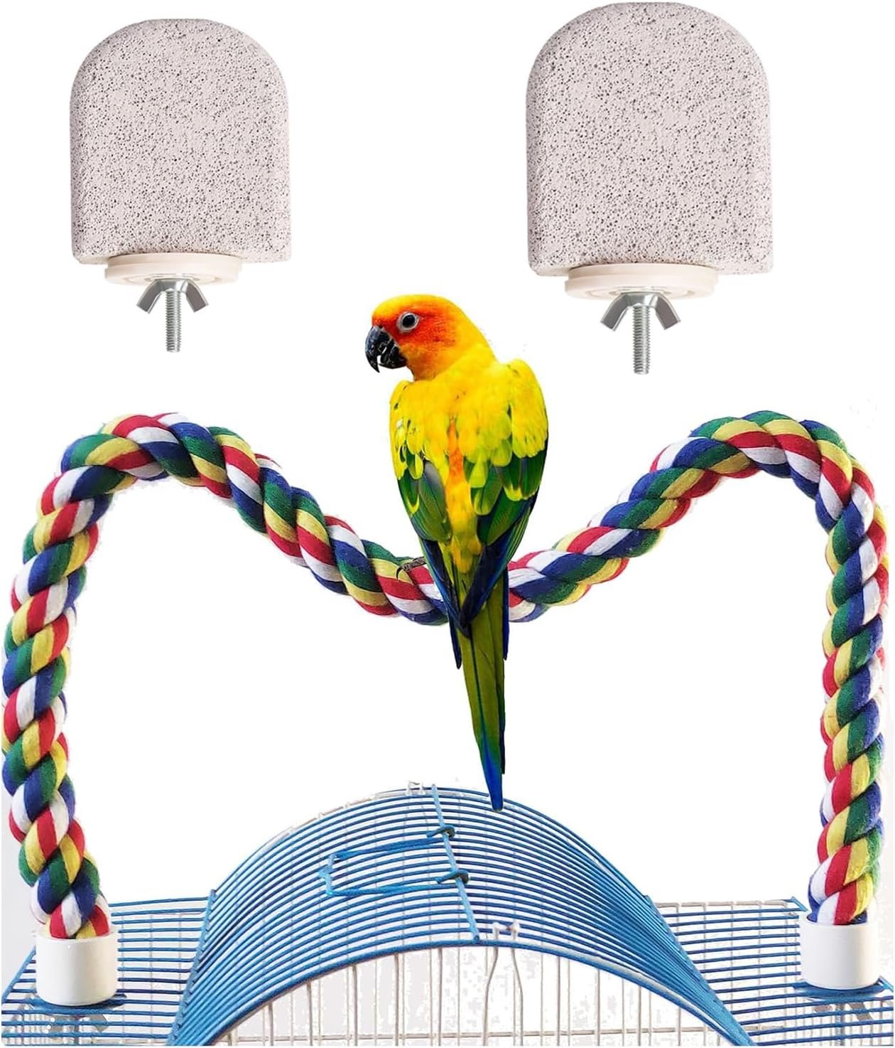 24-Inch Bird Rope Perch (0.8” Diameter) + 2 Volcanic Stone Bird Stands – Beak & Claw Care for Small/Medium Birds, Natural & Stable Birds Perch