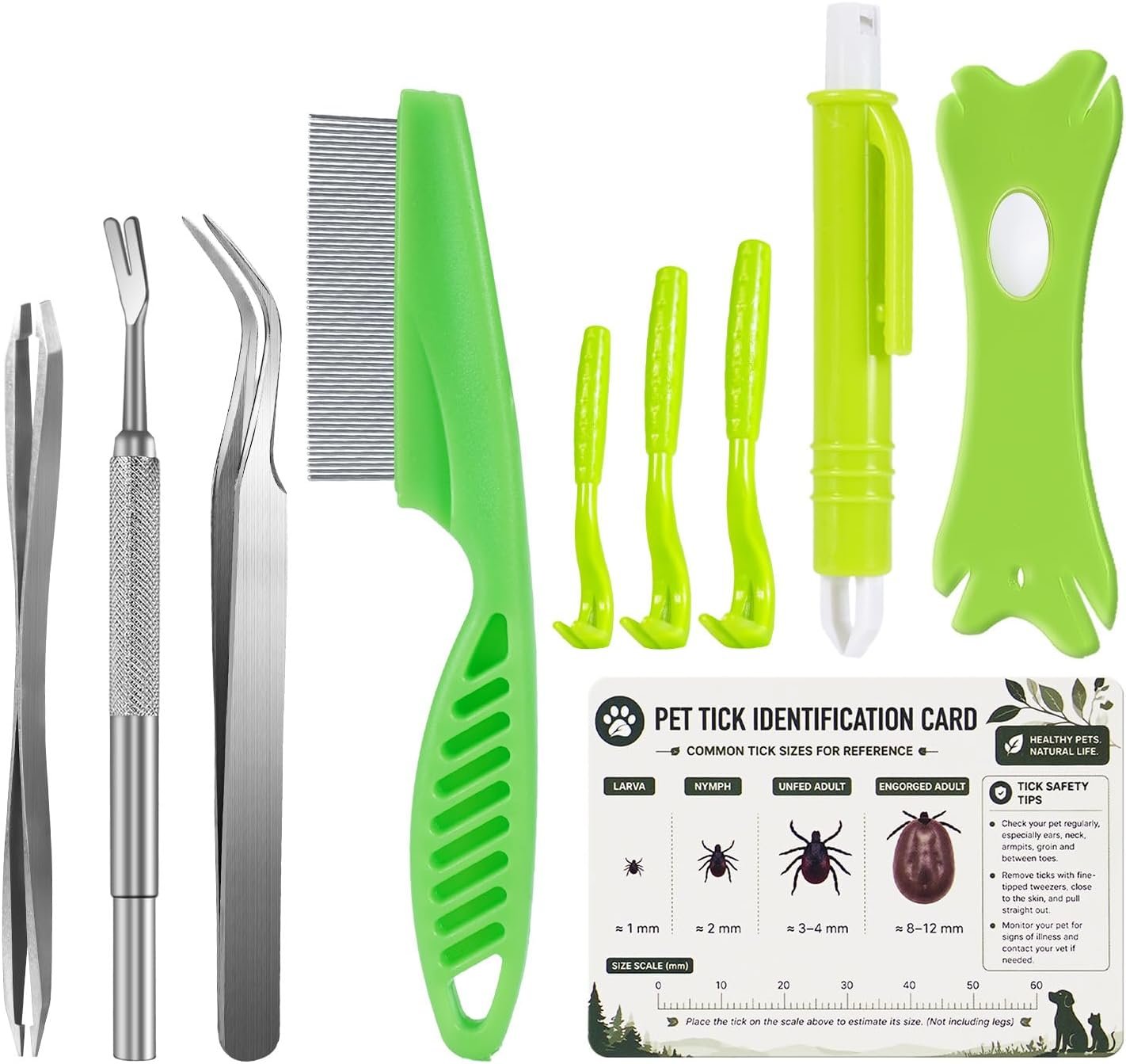 10-in-1 Tick Removal Tool Kit for Dogs & Cats, Safe No-Squeeze Tick Remover Set with Twister-Style Hooks, Tweezers & Flea Comb, Portable Storage Case for Home & Outdoor Use