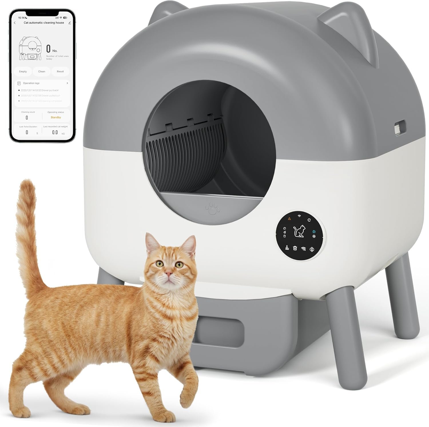 Greesum 76L Large Capacity Fully Enclosed Automatic Litter Box, Cat Ear Design with Garbage Bags Aroma Box and Brush for Multi – Cat Families (Gray)