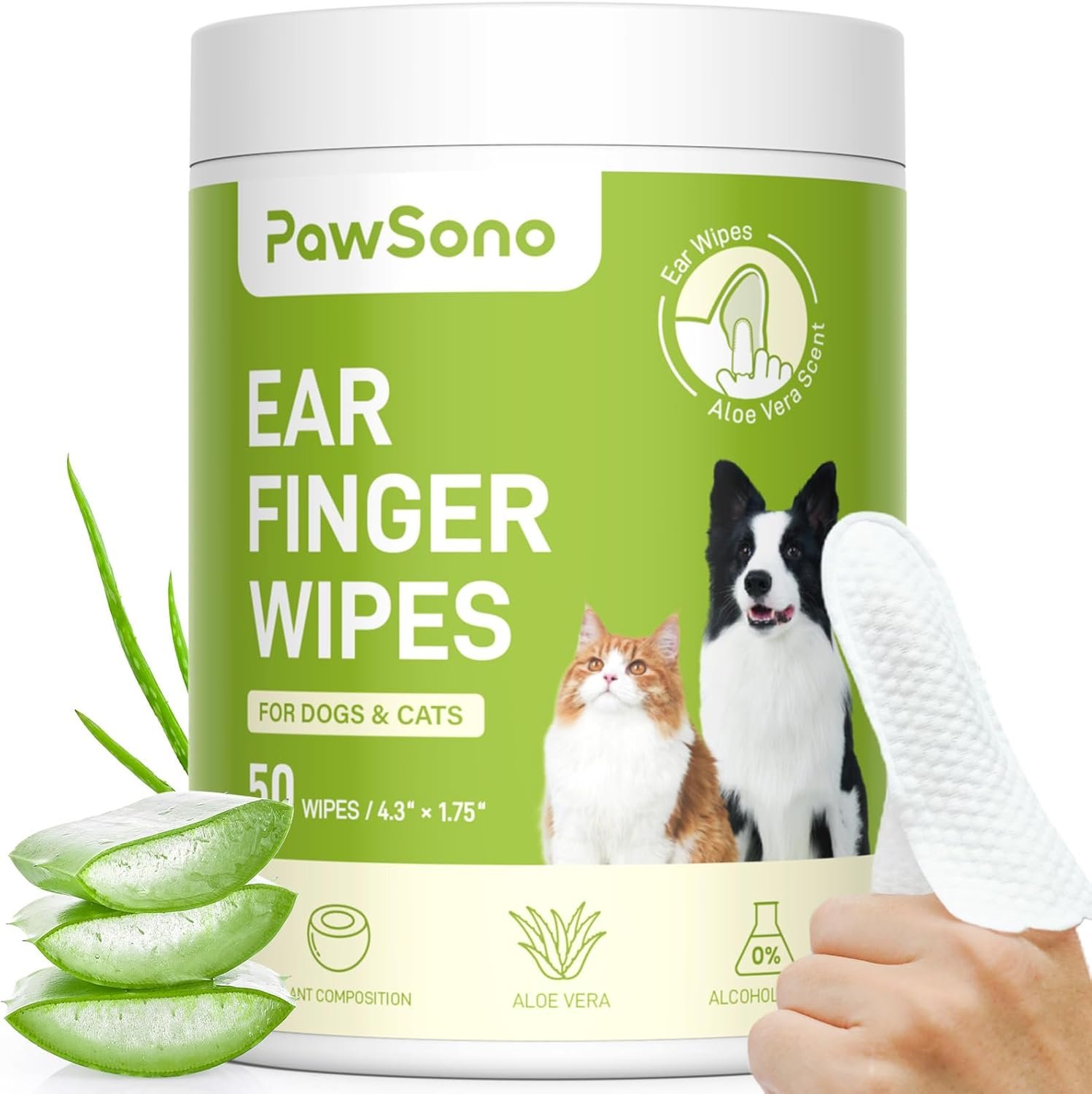 Ear Finger Wipes for Dogs & Cats, Thicker Dog Ear Cleaner Wipes, Natural Relief Cat Ear Cleaner Dog, Pet Health Supplies for Dog Small Animal Cat, Aloe Scent Deodorizing – 50 Count