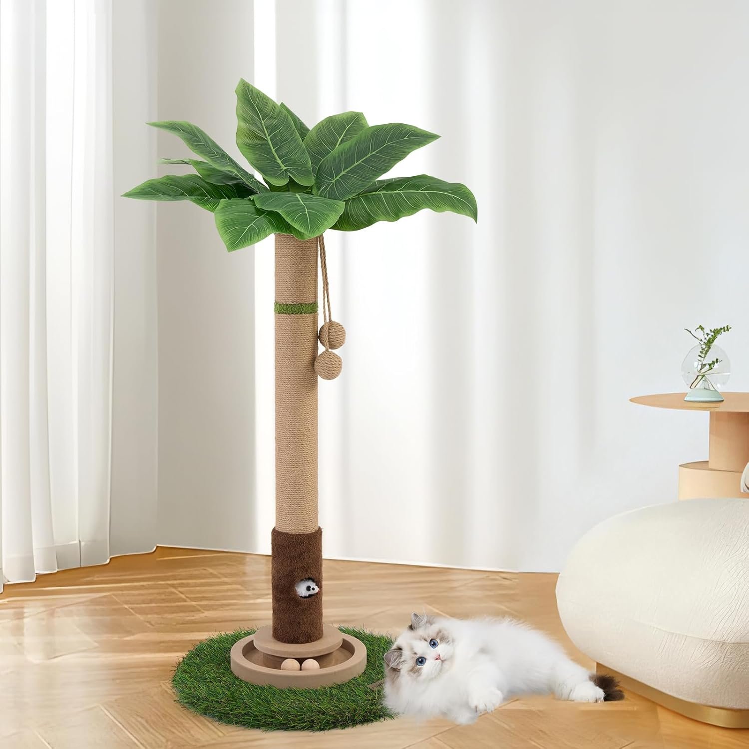 35″ Tall Cat Scratching Post, Sisal Cat Scratcher Tree with Leaves,Interactive Cat Toys for Inddor Cats and Kitten