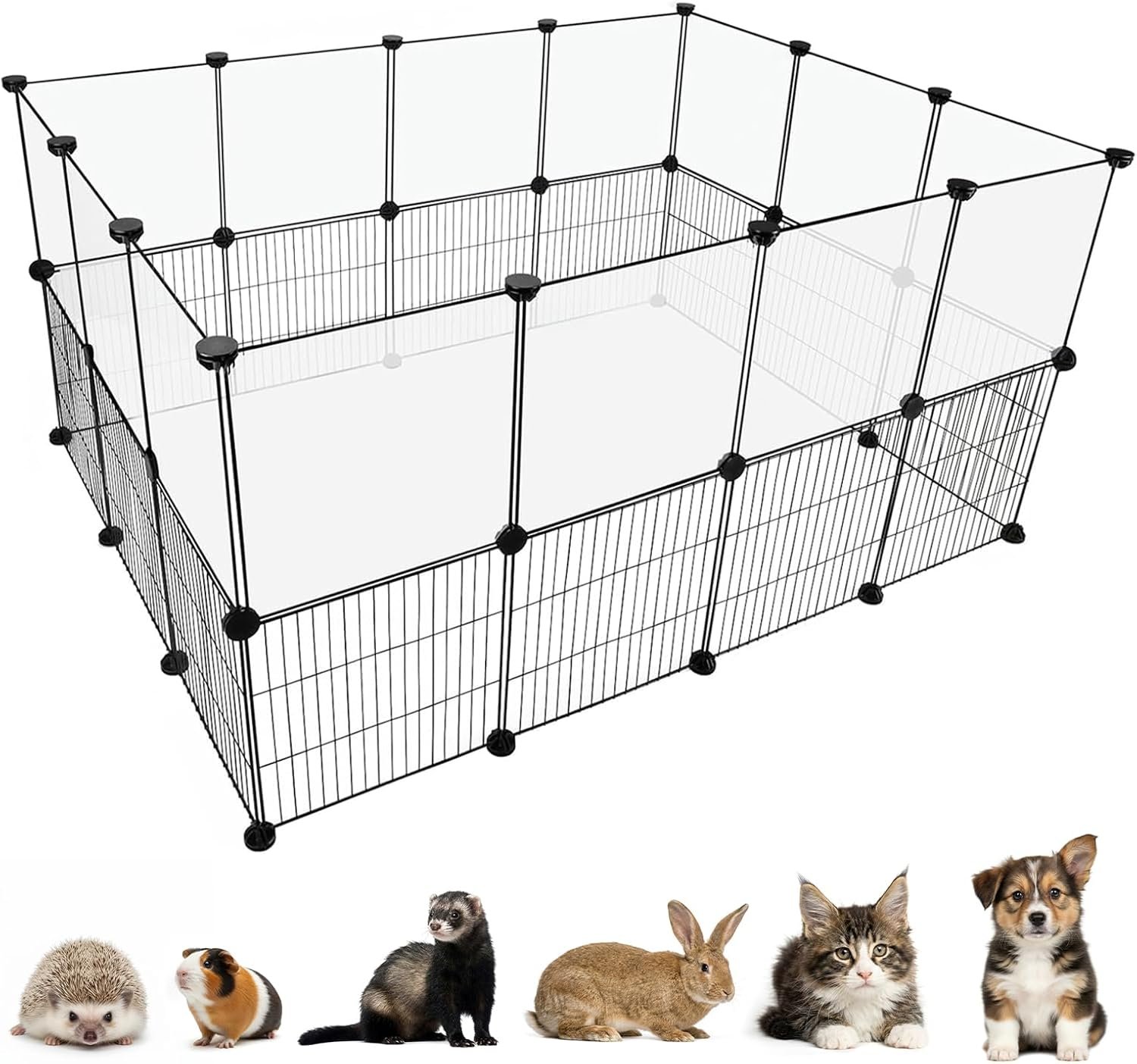 Rabbit Playpen Indoor, Transparent Clear + Wire Small Animal Playpen, 28 Panels (11.8″) DIY Plastic Enclosure, Expandable Pet Fence Indoor for Guinea Pigs, Bunny, Hedgehogs, Puppies & Kittens