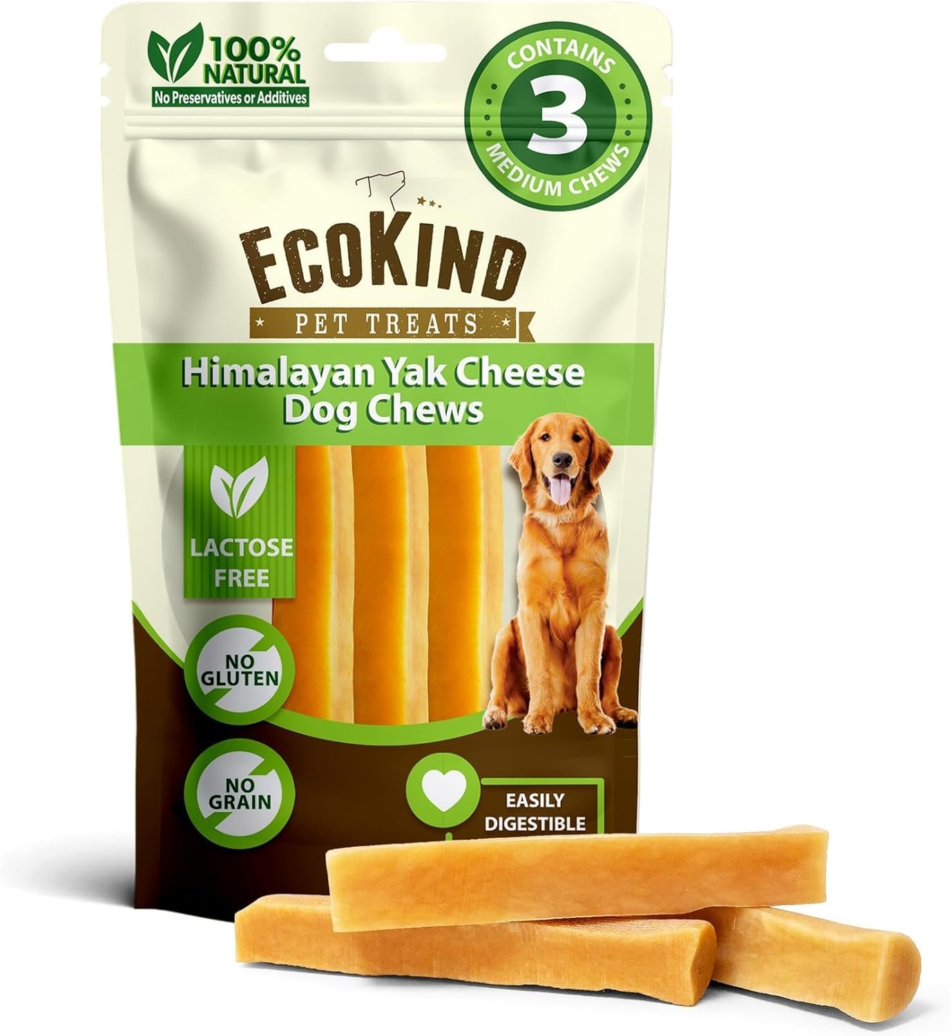 EcoKind Yak Cheese Himalayan Dog Chews, Yak Chews for Medium Dogs, Long Lasting Bone for Aggressive Chewers, 3 Ingredients, Natural High Protein Dog Treat, No Additives, Lactose Free, Medium – 3 Chews